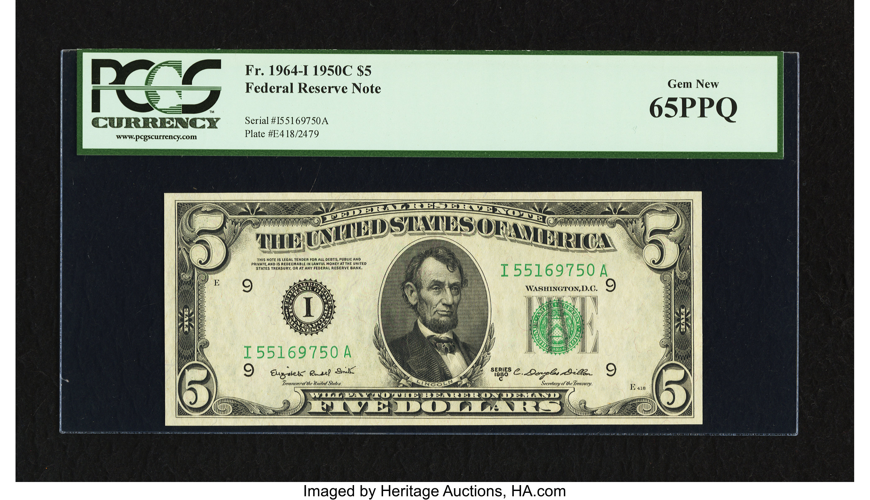 image for: Fr. 1964-I $5 1950C Federal Reserve Note. PCGS Gem New 65PPQ....