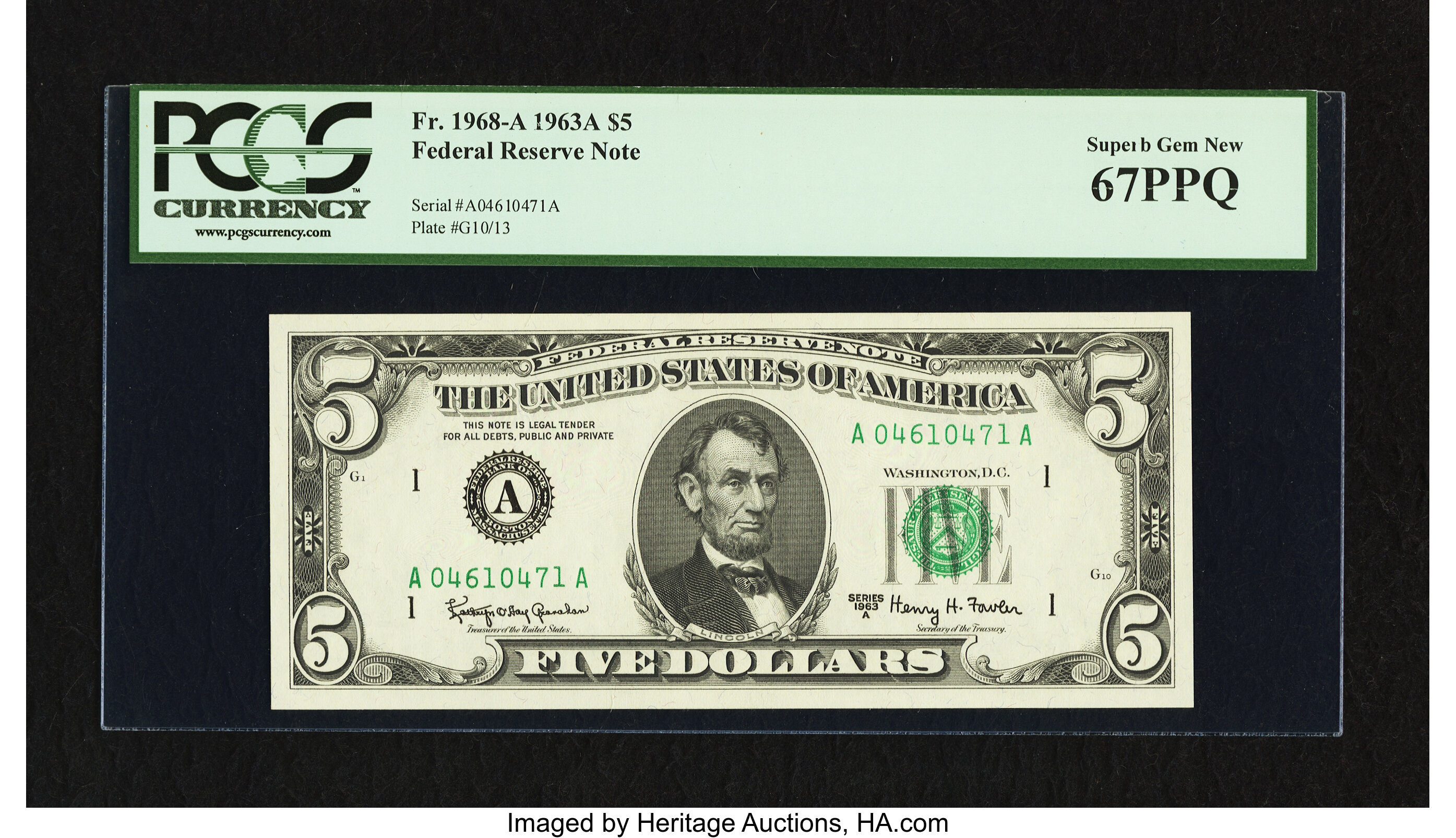 image for: Fr. 1968-A $5 1963A Federal Reserve Note. PCGS Superb Gem New 67PPQ....