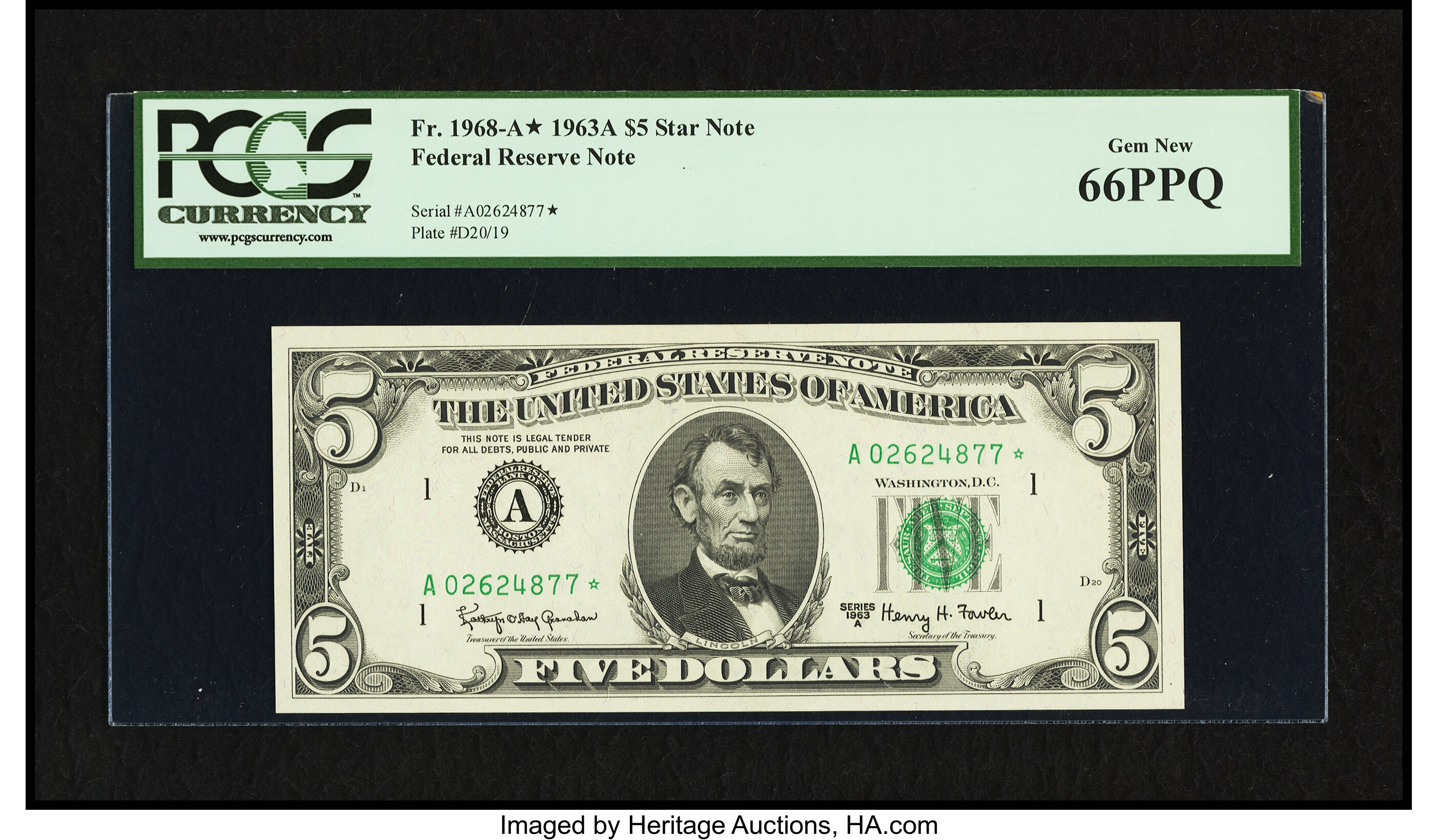 image for: Fr. 1968-A* $5 1963A Federal Reserve Note. PCGS Gem New 66PPQ....