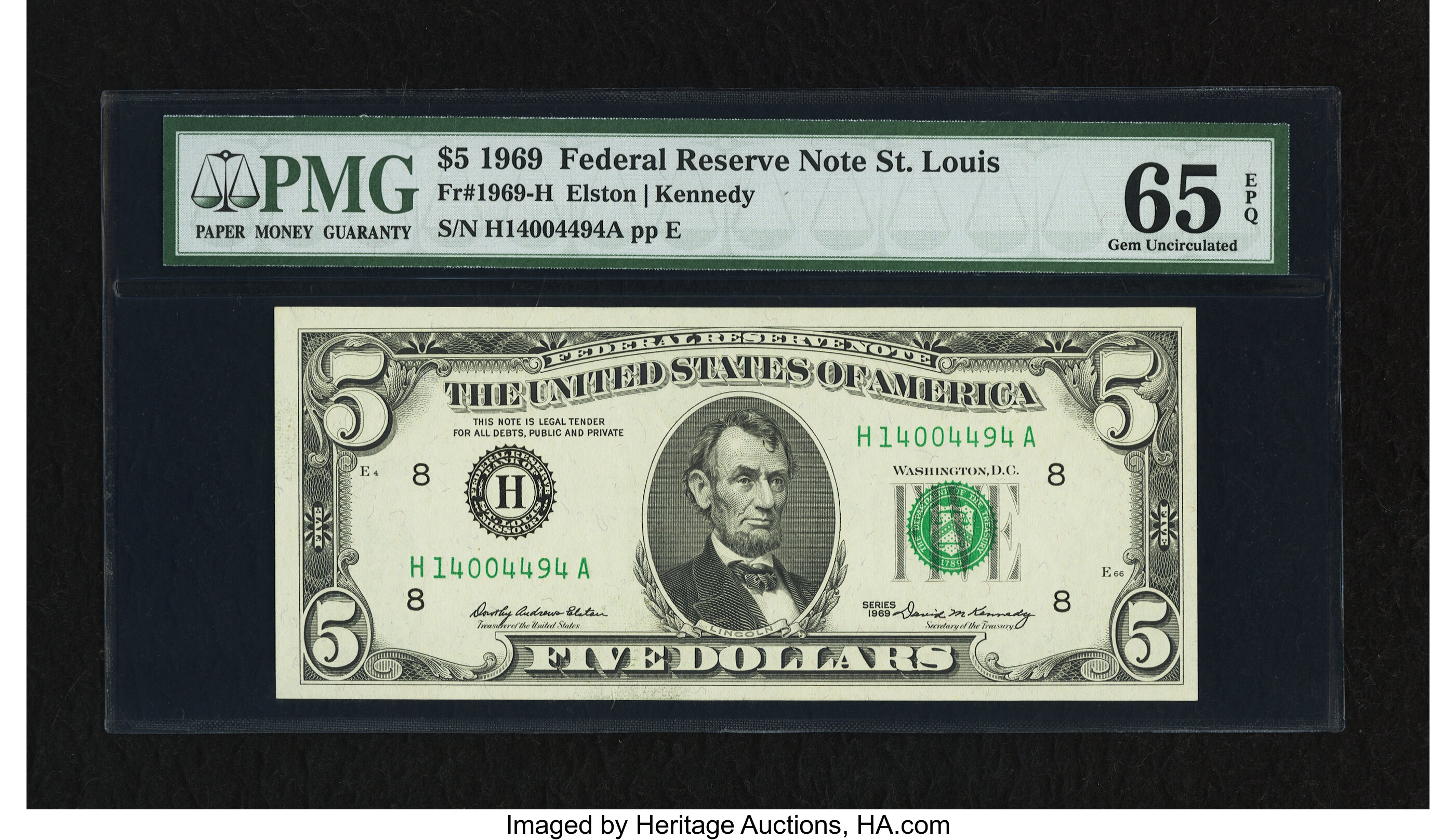 image for: Fr. 1969-H $5 1969 Federal Reserve Note. PMG Gem Uncirculated 65 EPQ....