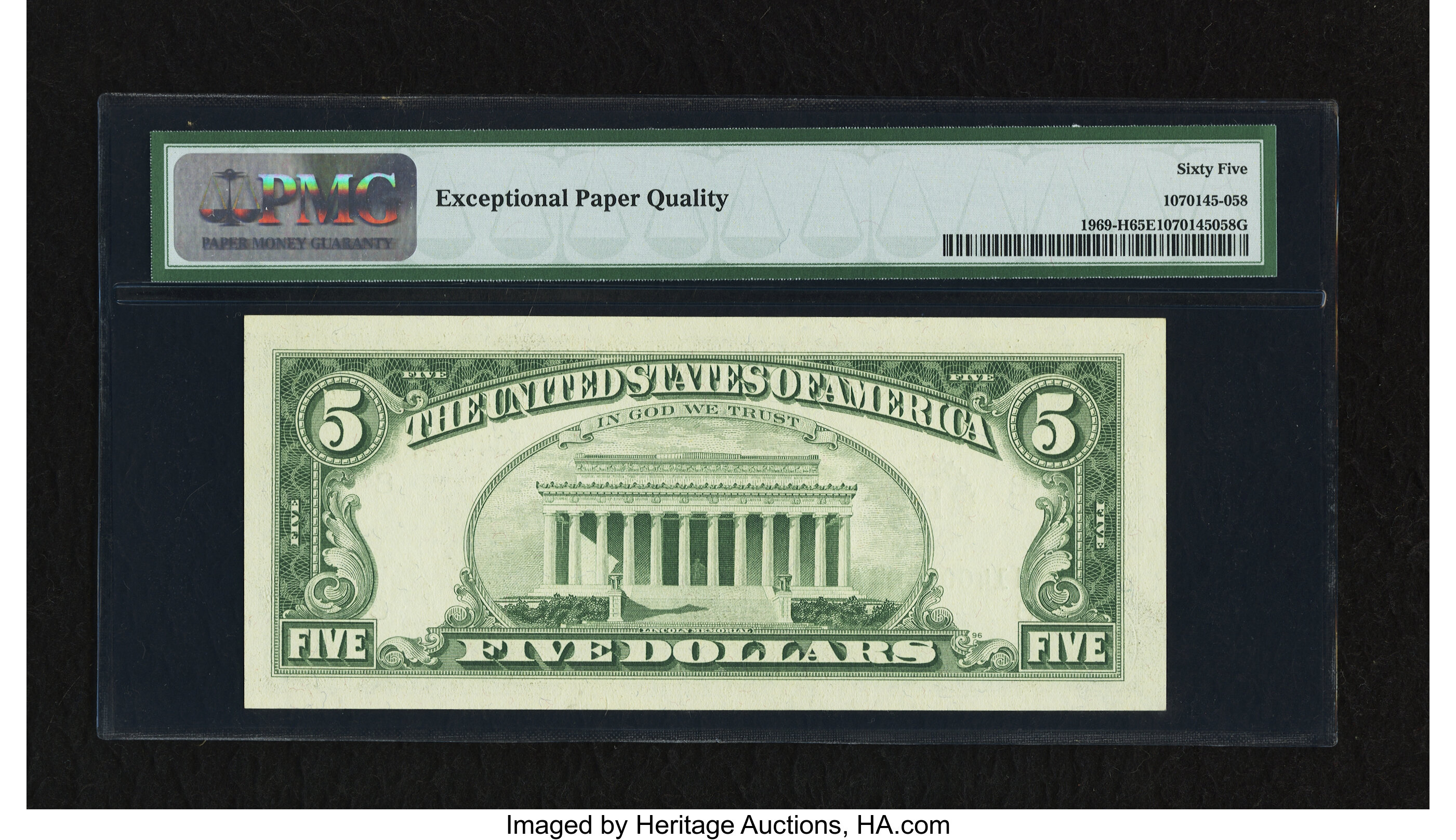 image for: Fr. 1969-H $5 1969 Federal Reserve Note. PMG Gem Uncirculated 65 EPQ....