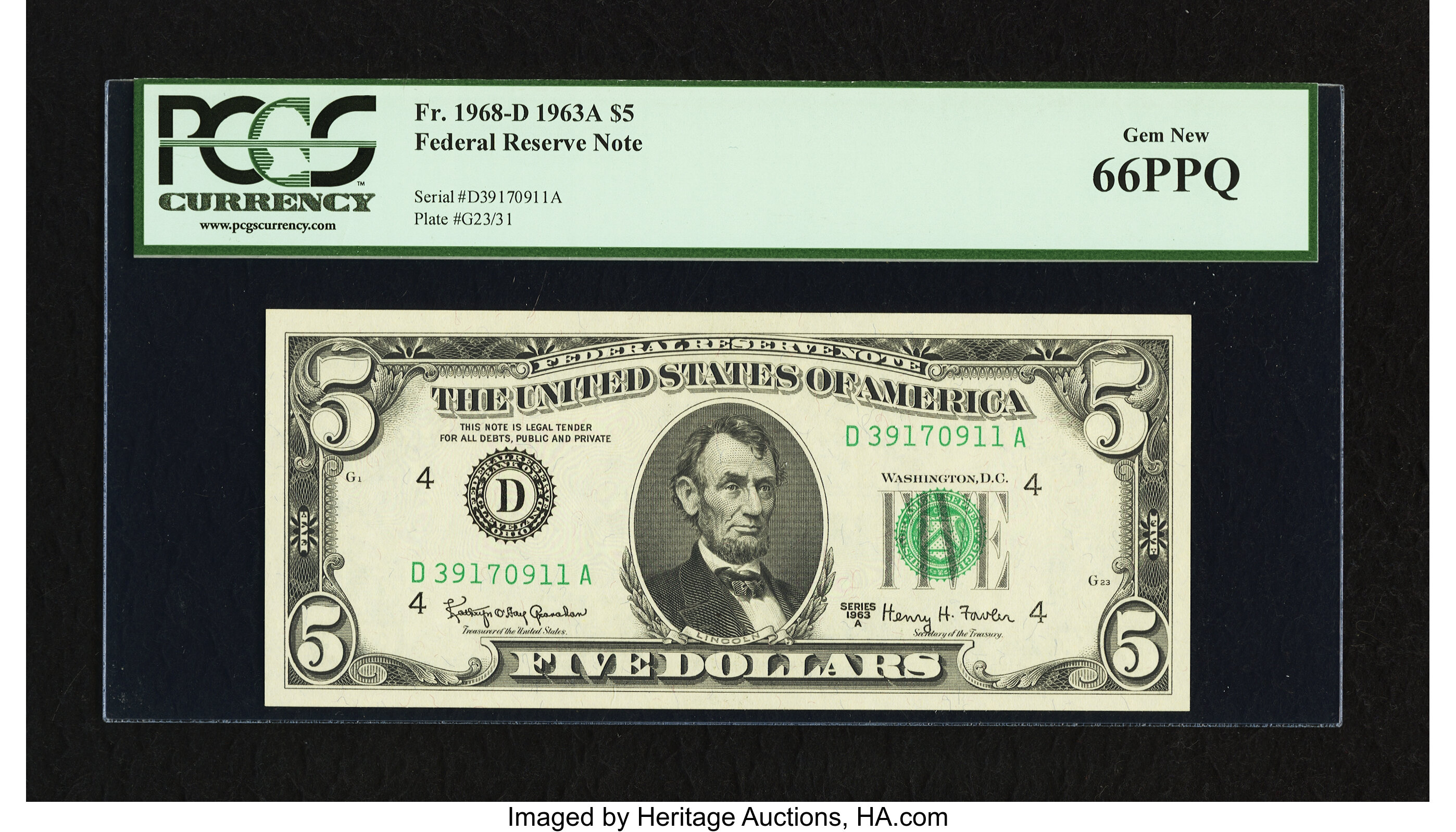 image for: Fr. 1968-D $5 1963A Federal Reserve Note. PCGS Gem New 66PPQ....