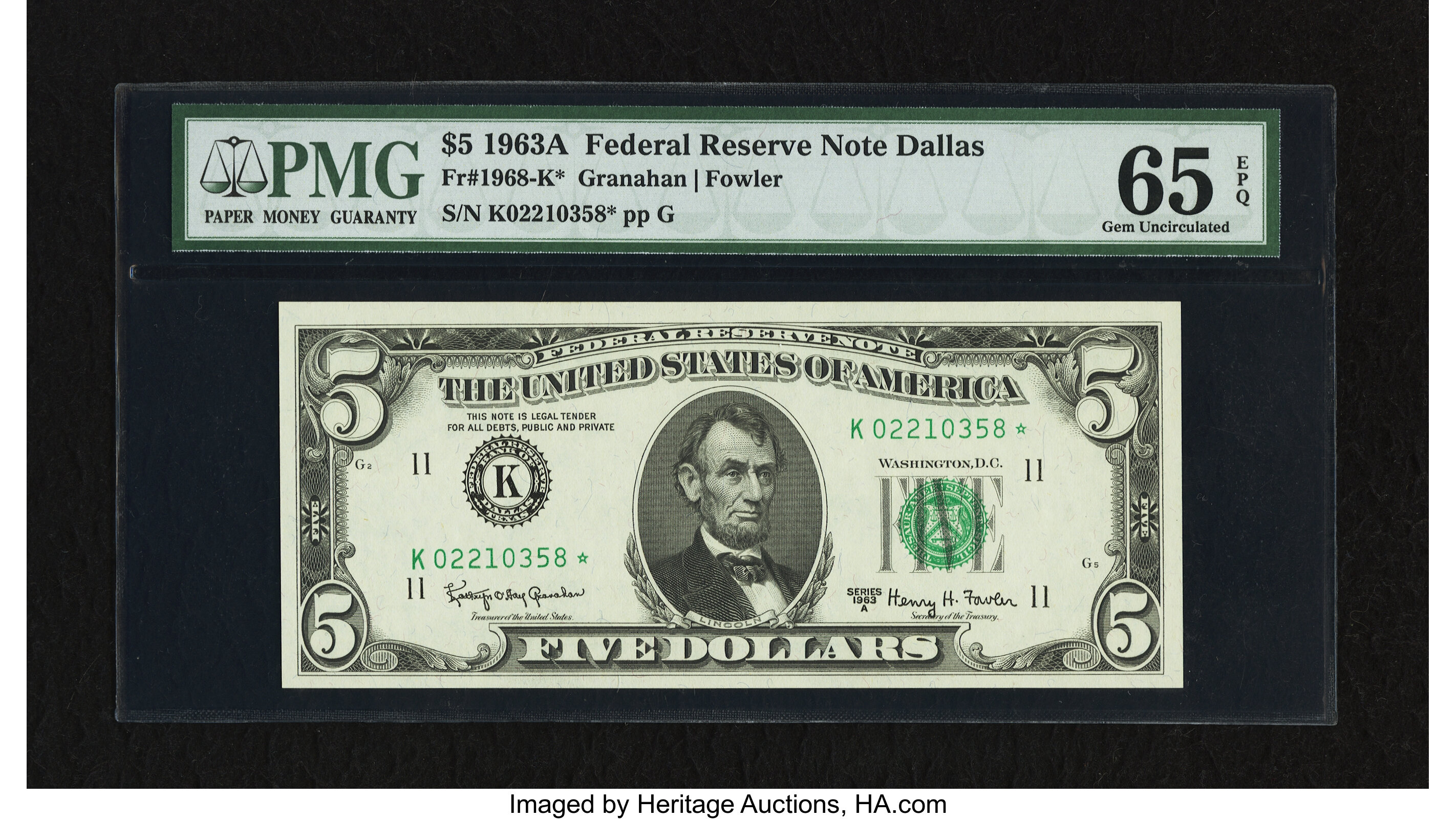 image for: Fr. 1968-K* $5 1963A Federal Reserve Note. PMG Gem Uncirculated 65 EPQ....