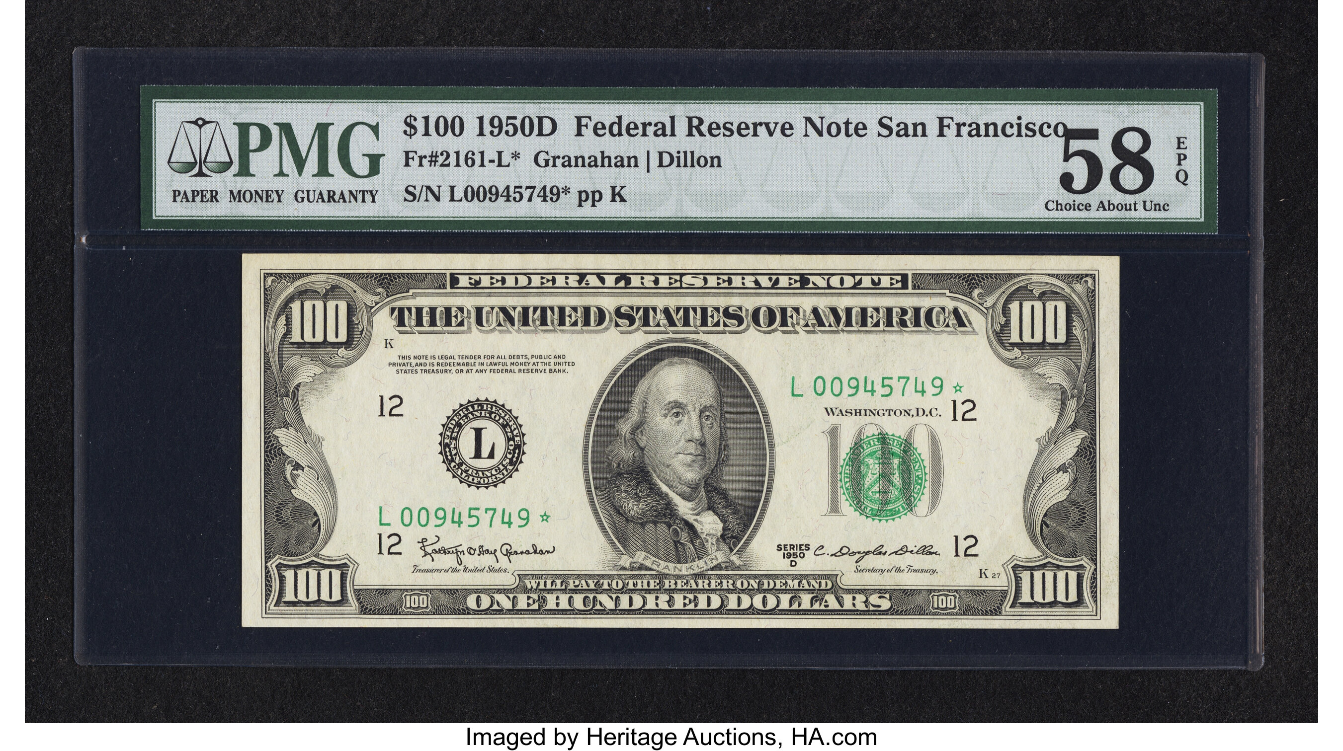 image for: Fr. 2161-L* $100 1950D Federal Reserve Star Note. PMG Choice About Unc 58 EPQ....