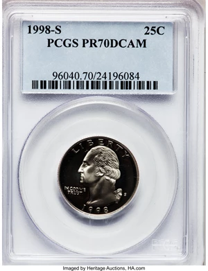 image for: 1998-S 25C Clad PR70 Deep Cameo PCGS. PCGS Population (182). NGC Census: (220). Numismedia Wsl. Price for problem free NGC...