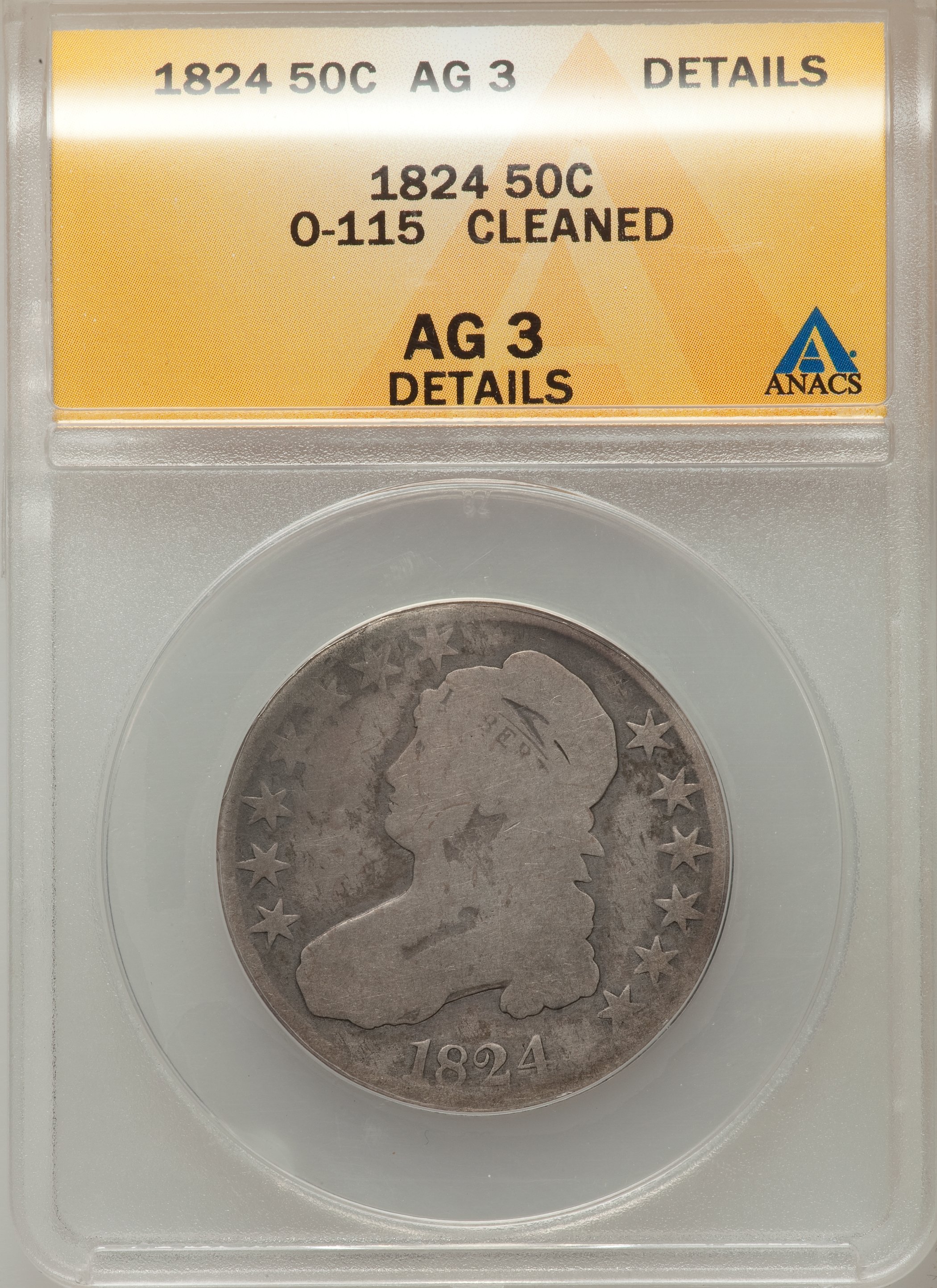 1824 50C -- Cleaned -- ANACS. AG3 Details. O-115. NGC Census: (0/855). PCGS Population (0/917). Mintage: 3,504,954. Numisme...