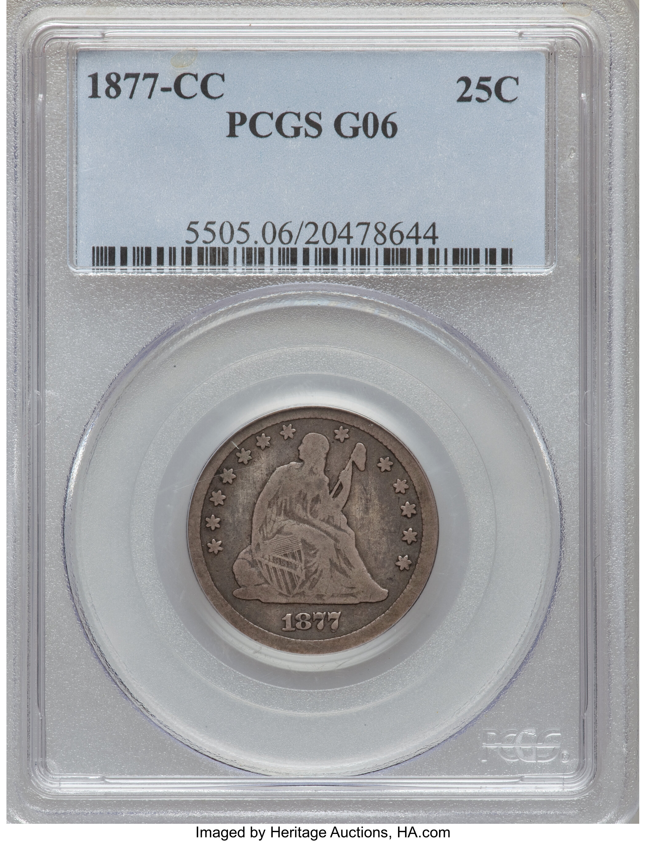 1877-CC 25C Good 6 PCGS. PCGS Population (5/542). NGC Census: (0/402). Mintage: 4,192,000. Numismedia Wsl. Price for proble...