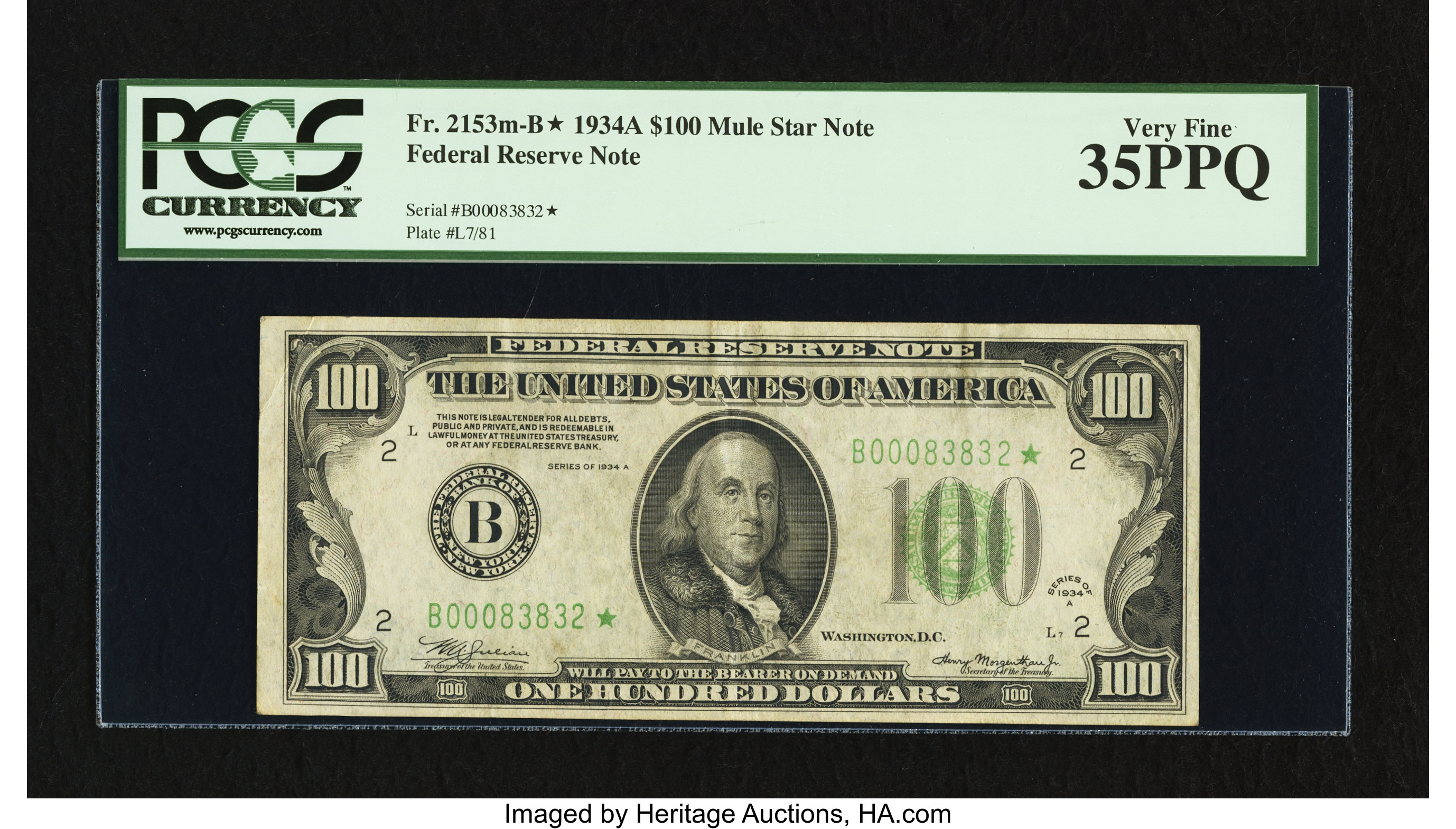 image for: Fr. 2153-B* $100 1934A Mule Federal Reserve Star Note. PCGS Very Fine 35PPQ....
