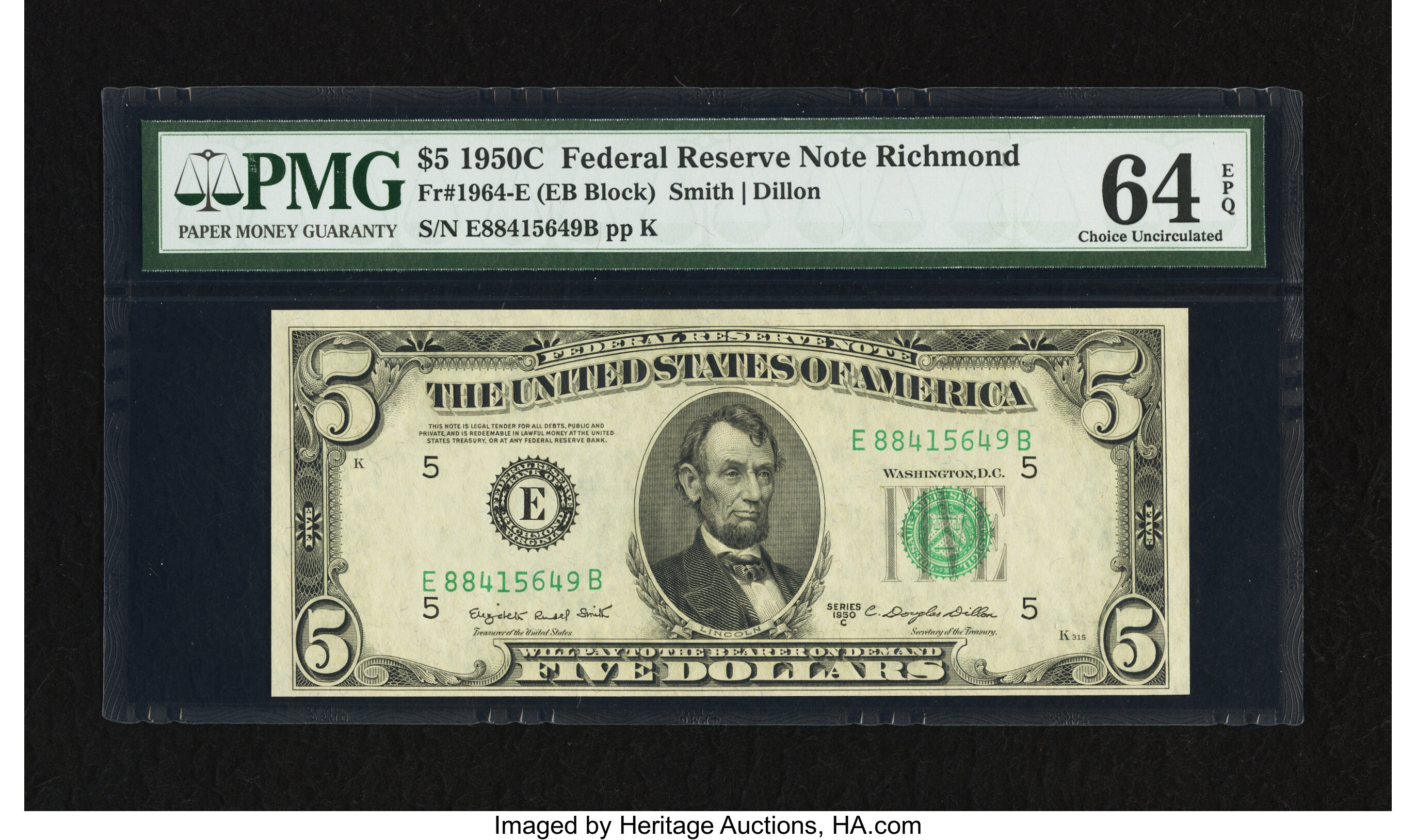 image for: Fr. 1964-E $5 1950C Federal Reserve Note. PMG Choice Uncirculated 64 EPQ....