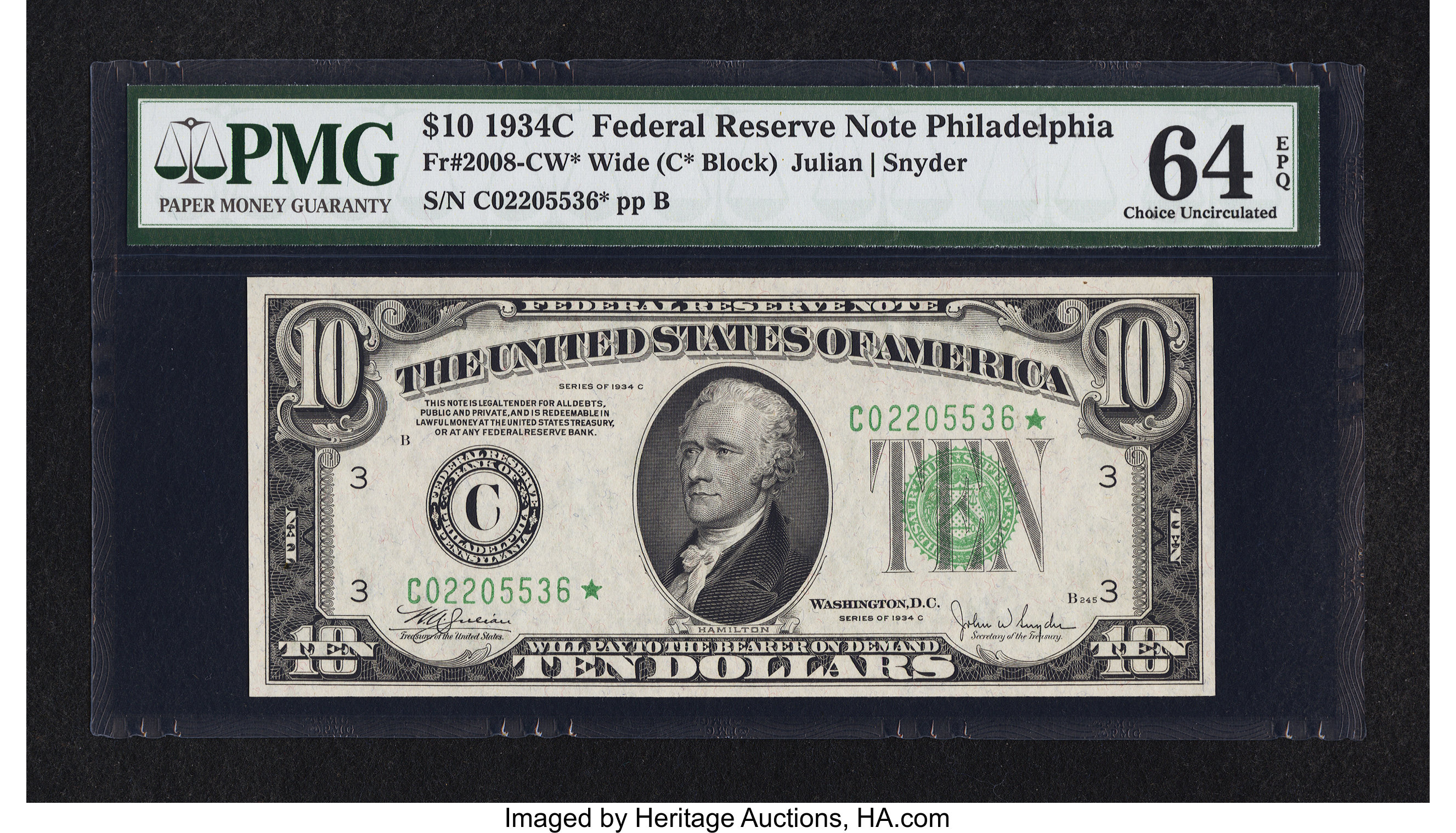 image for: Fr. 2008-C* $10 1934C Wide Federal Reserve Star Note. PMG Choice Uncirculated 64 EPQ....