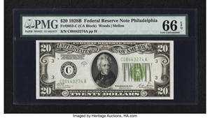 image for: Fr. 2052-C $20 1928B Dark Green Seal Federal Reserve Note. PMG Gem Uncirculated 66 EPQ....