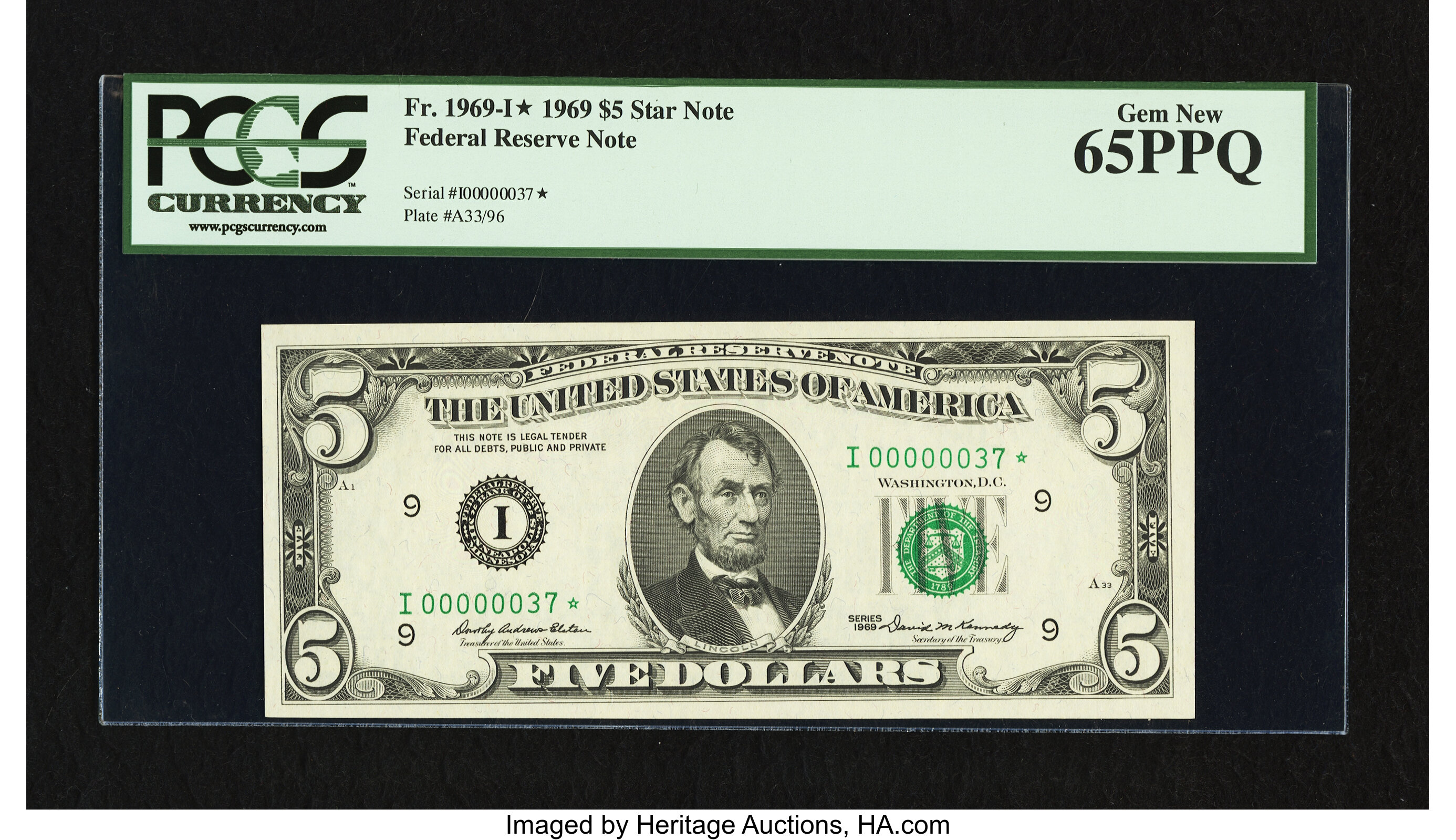 image for: Low Serial Number Fr. 1969-I* $5 1969 Federal Reserve Star Note. PCGS Gem New 65PPQ....