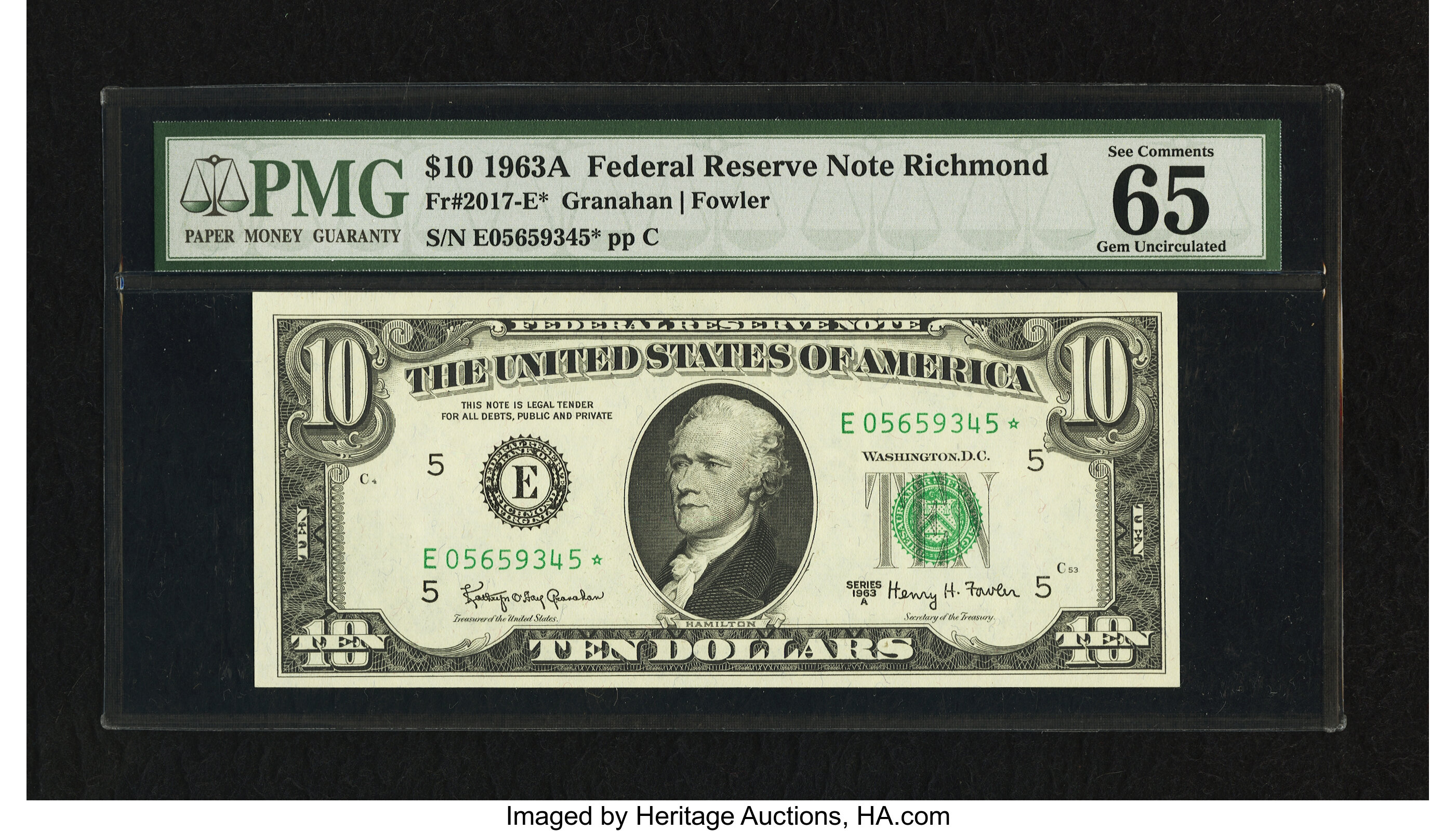 image for: Fr. 2017-E* $10 1963A Federal Reserve Star Note. PMG Gem Uncirculated 65 EPQ....