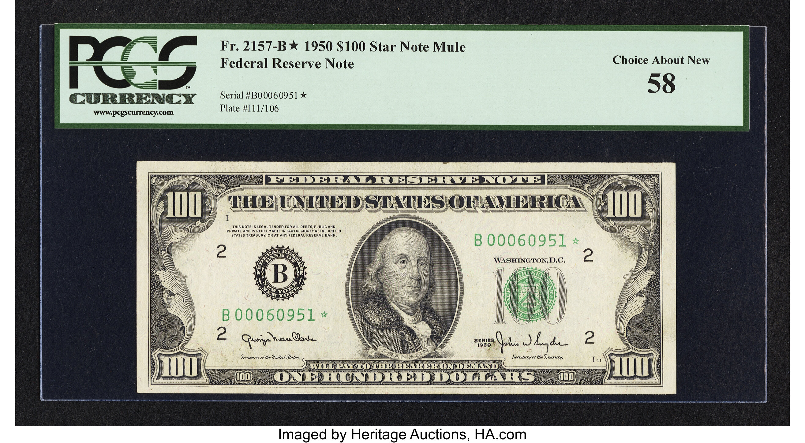 image for: Fr. 2157-B* $100 1950 Mule Federal Reserve Star Note. PCGS Choice About New 58....