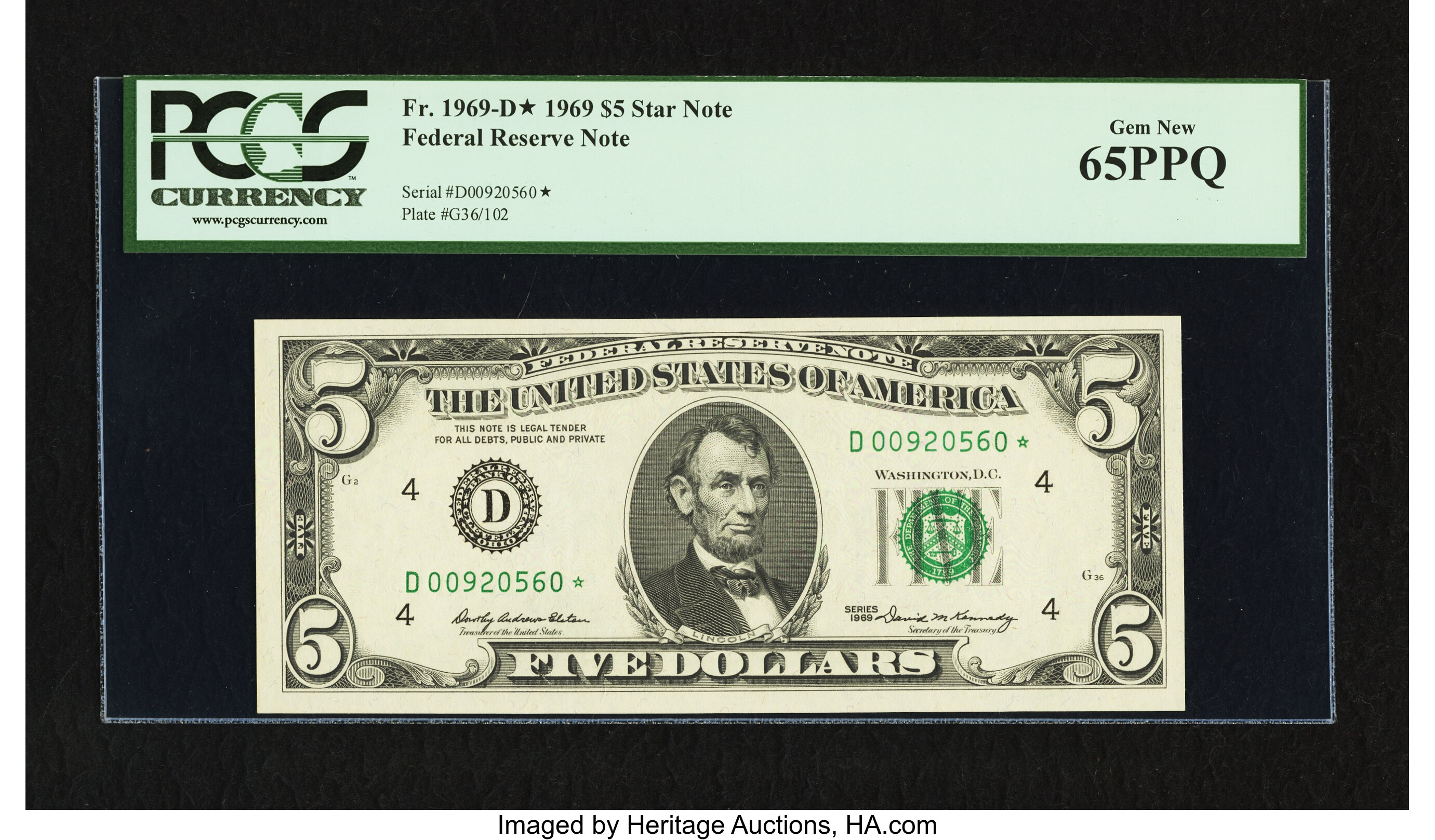 image for: Fr. 1969-D* $5 1969 Federal Reserve Note. PCGS Gem New 65PPQ....