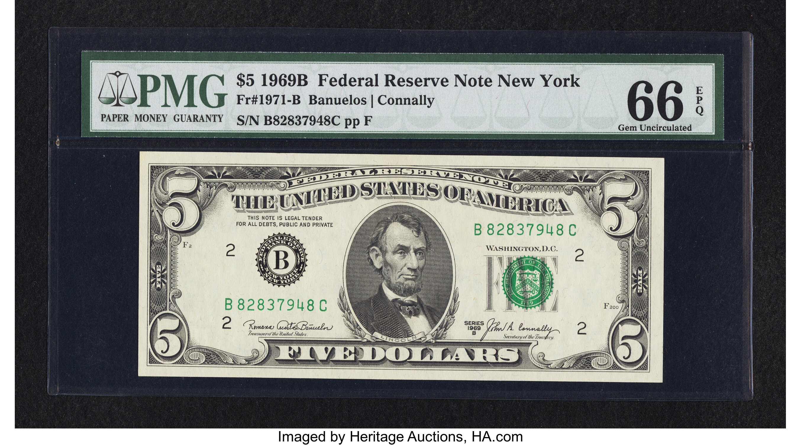 image for: Fr. 1971-B $5 1969B Federal Reserve Note. PMG Gem Uncirculated 66 EPQ....