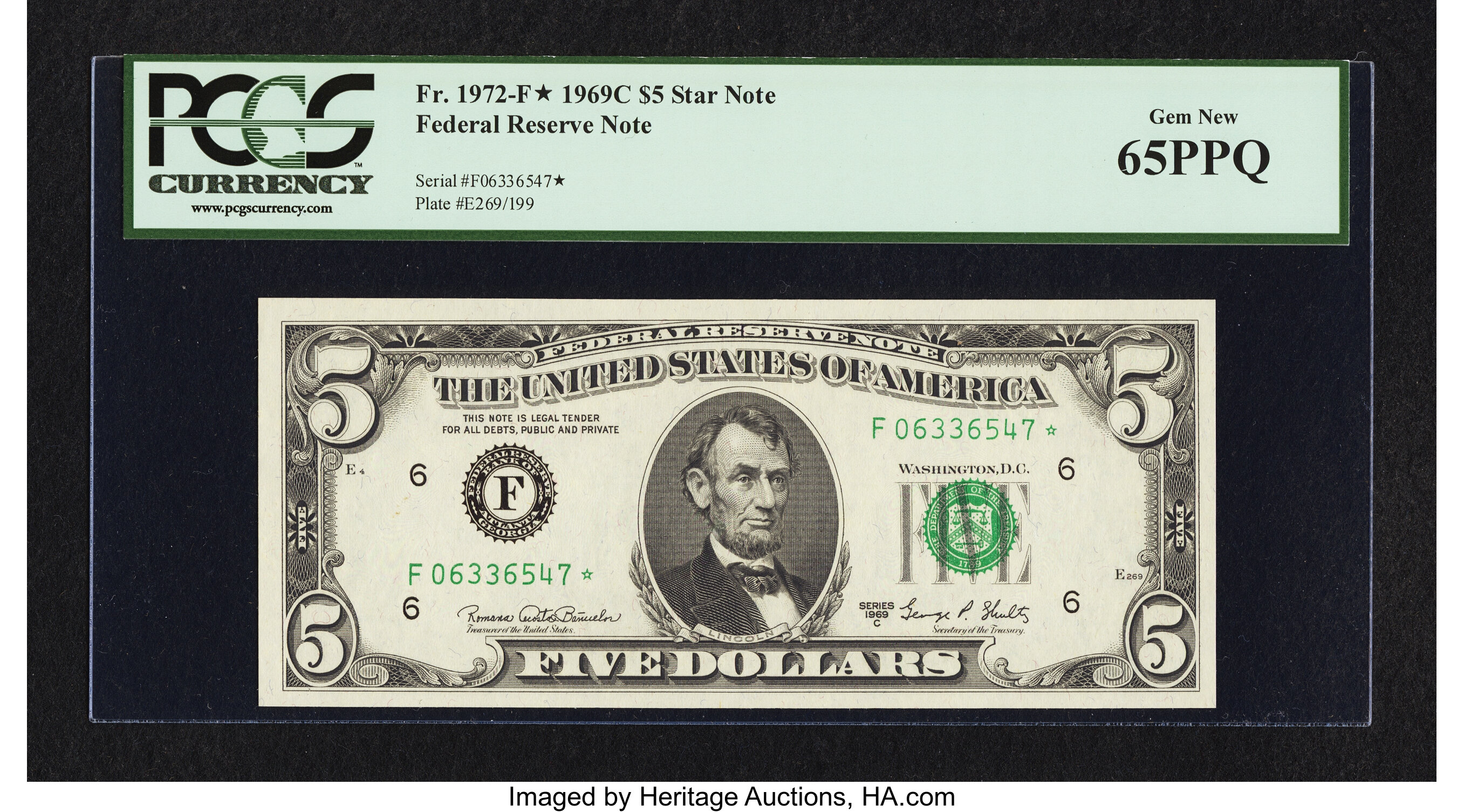 image for: Fr. 1972-F* $5 1969C Federal Reserve Note. PCGS Gem New 65PPQ....