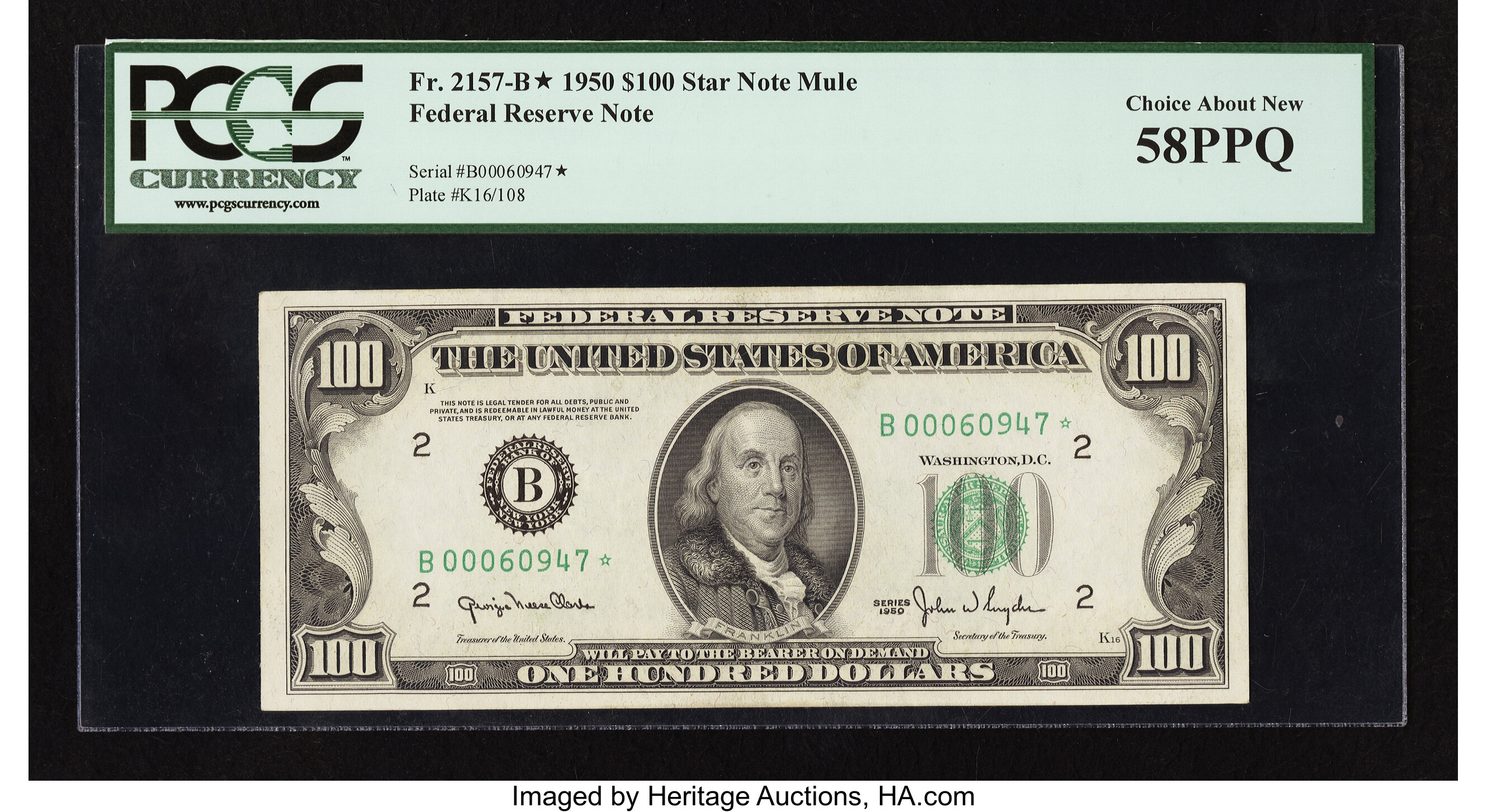 image for: Fr. 2157-B* $100 1950 Mule Federal Reserve Star Note. PCGS Choice About New 58PPQ....