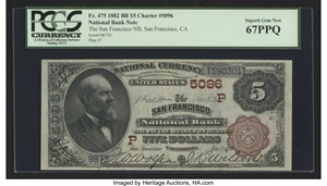 image for: San Francisco, CA - $5 1882 Brown Back Fr. 475 The San Francisco NB Ch. # (P)5096...