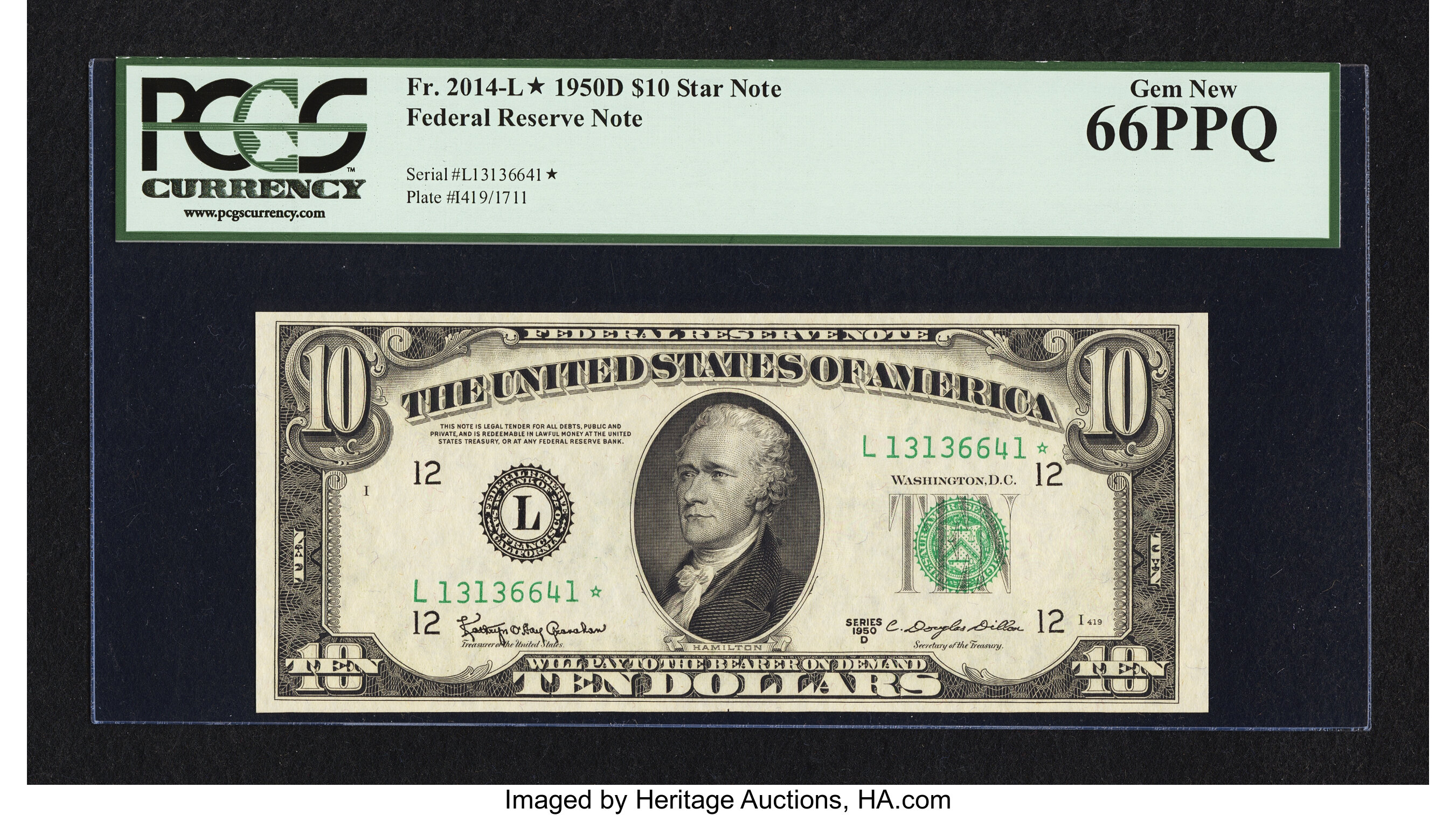 image for: Fr. 2014-L* $10 1950D Federal Reserve Star Note. PCGS Gem New 66PPQ....