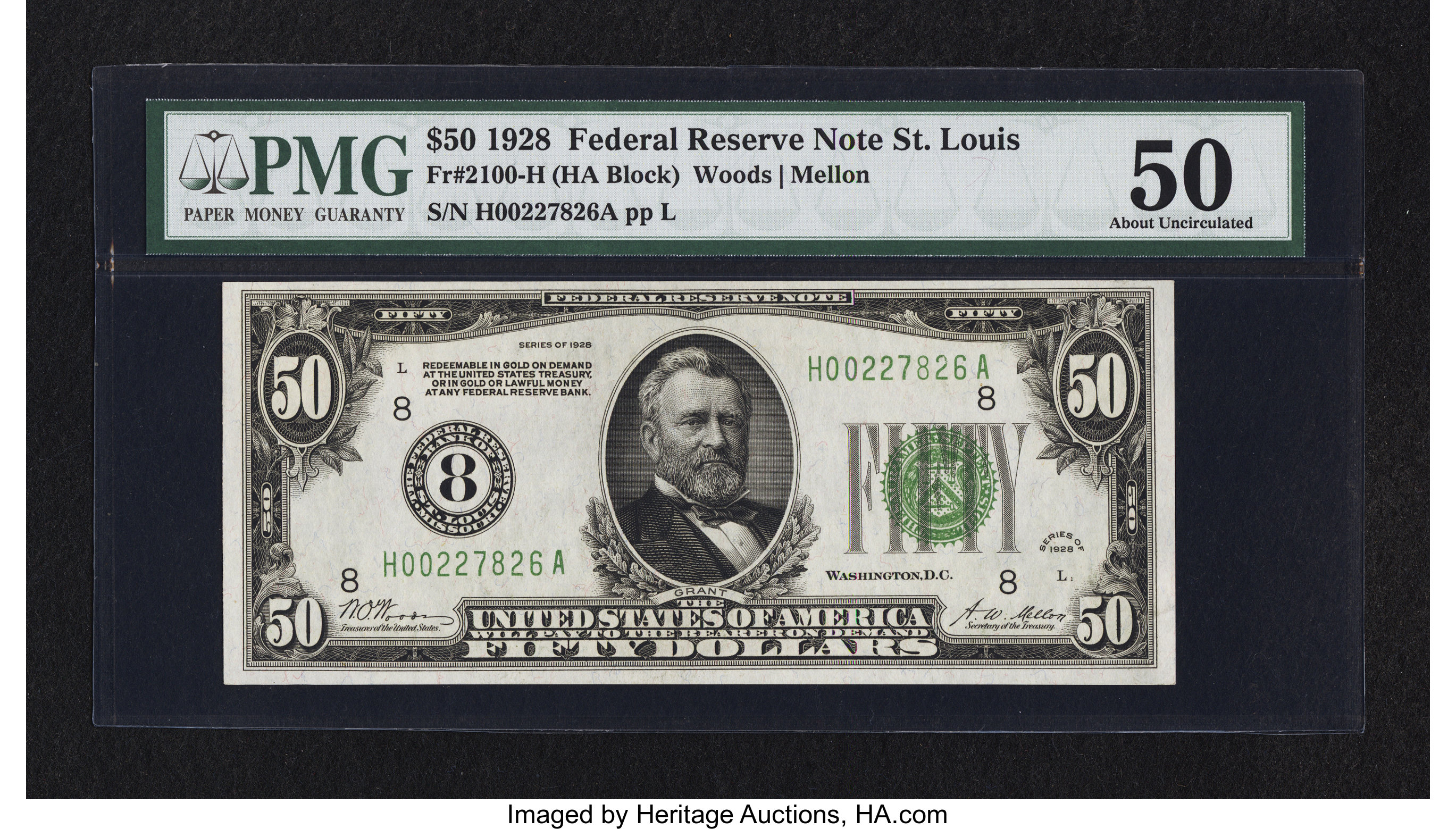 image for: Fr. 2100-H $50 1928 Federal Reserve Note. PMG About Uncirculated 50....