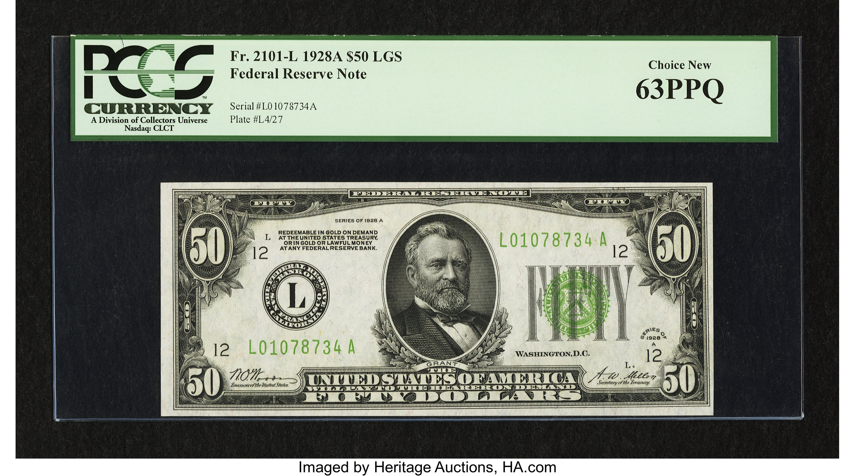 image for: Fr. 2101-L $50 1928A Light Green Seal Federal Reserve Note. PCGS Choice New 63PPQ....