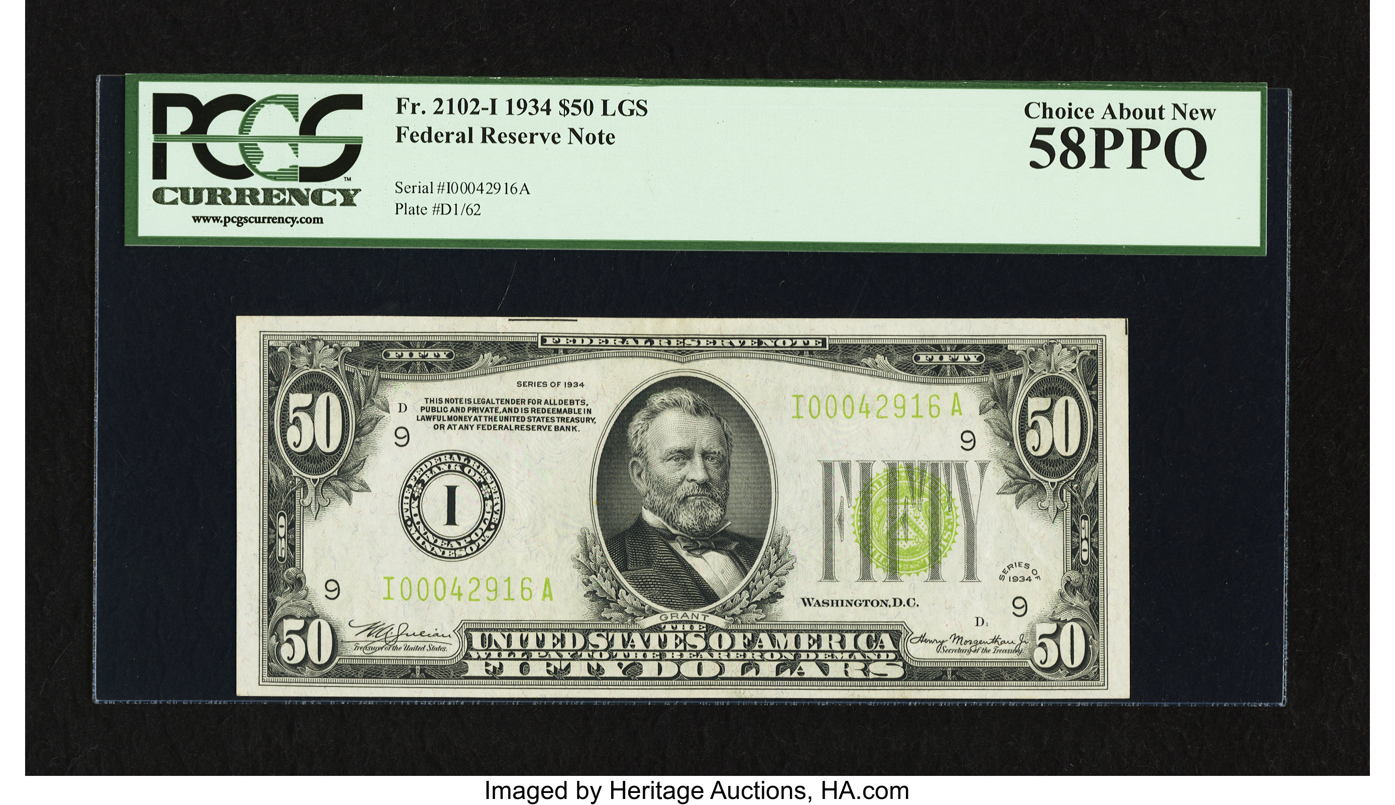 image for: Fr. 2102-I $50 1934 Light Green Seal Federal Reserve Note. PCGS Choice About New 58PPQ....