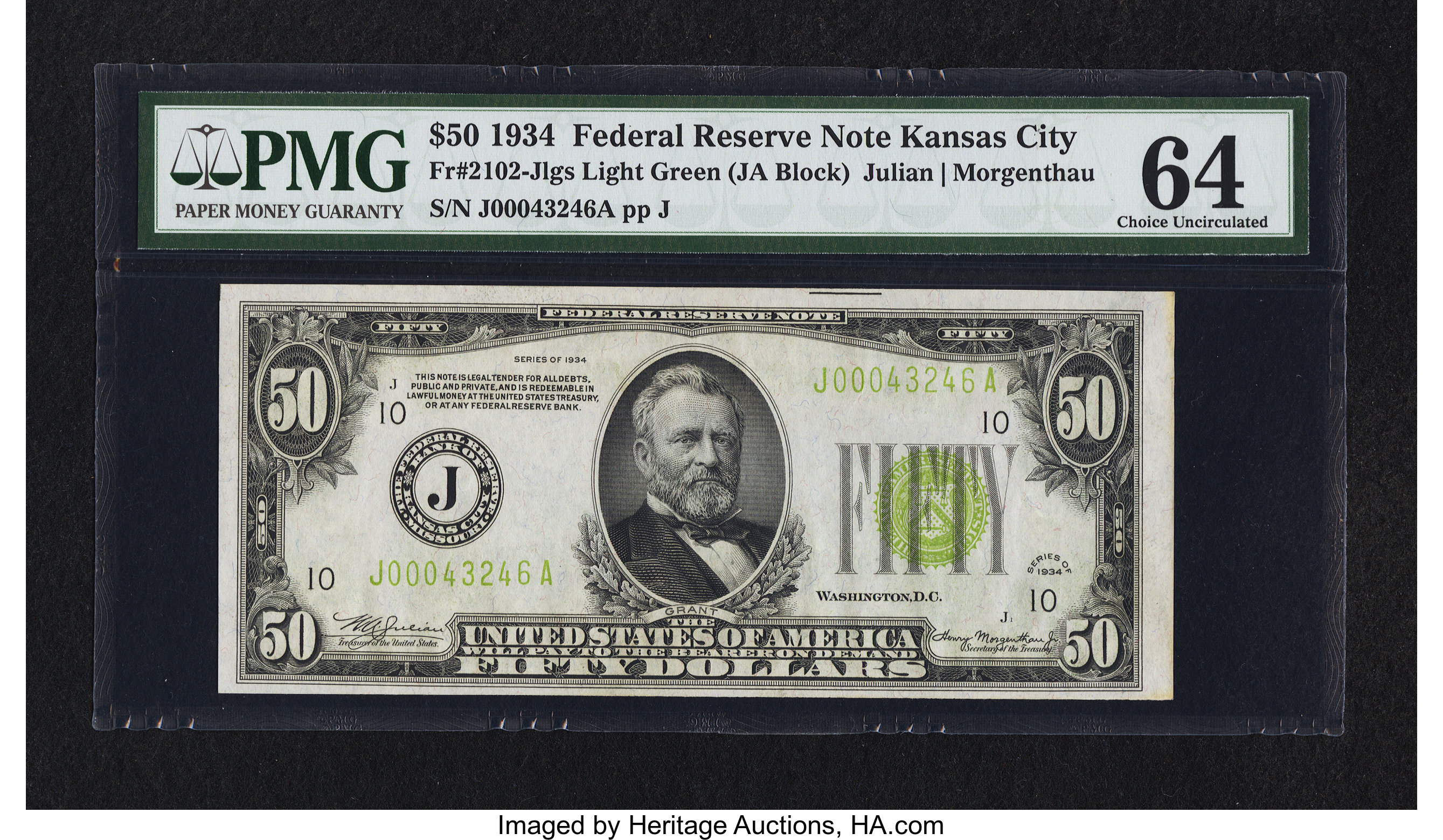 image for: Fr. 2102-J $50 1934 Light Green Seal Federal Reserve Note. PMG Choice Uncirculated 64....