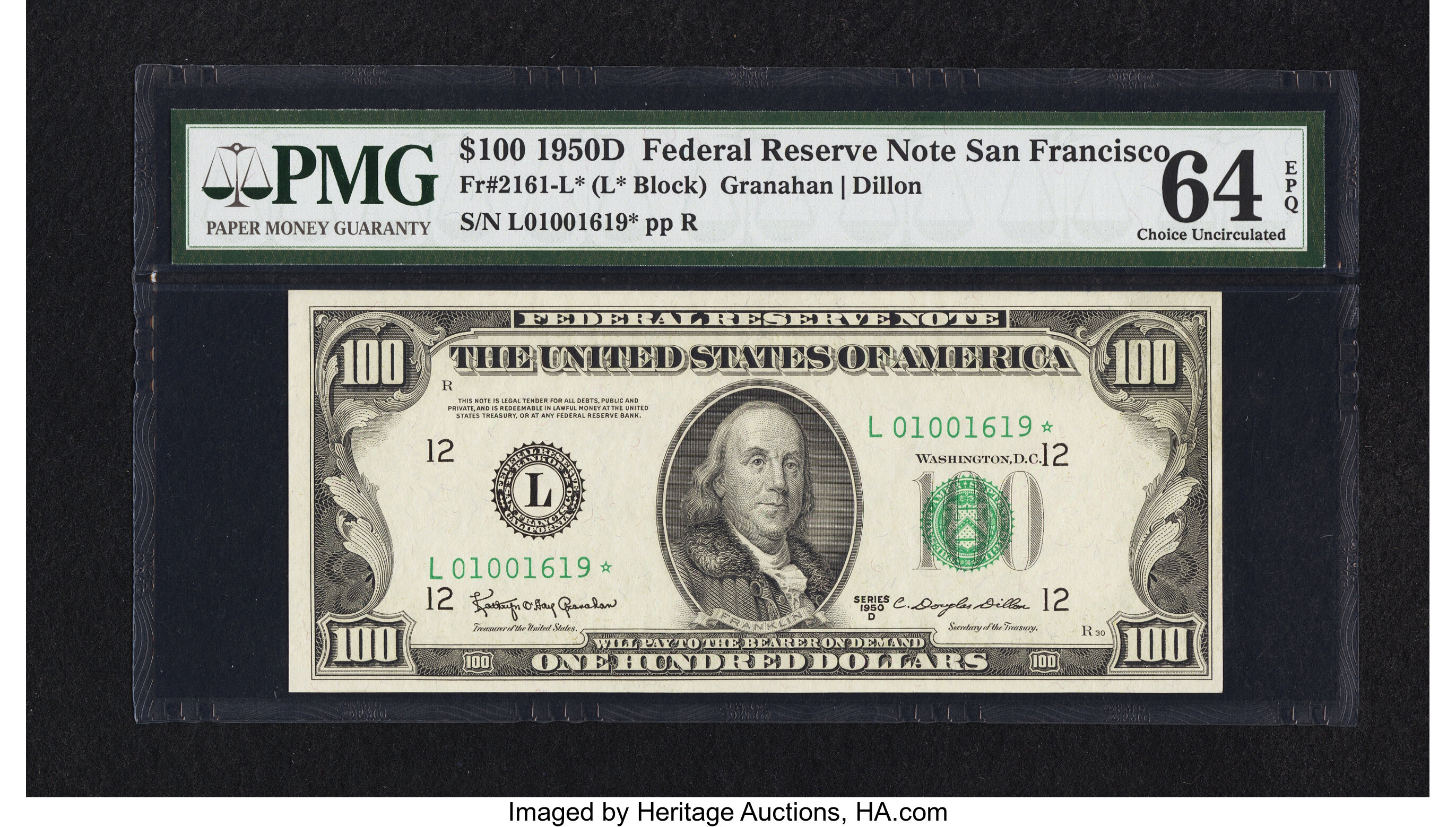 image for: Fr. 2161-L* $100 1950D Federal Reserve Star Note. PMG Choice Uncirculated 64 EPQ....