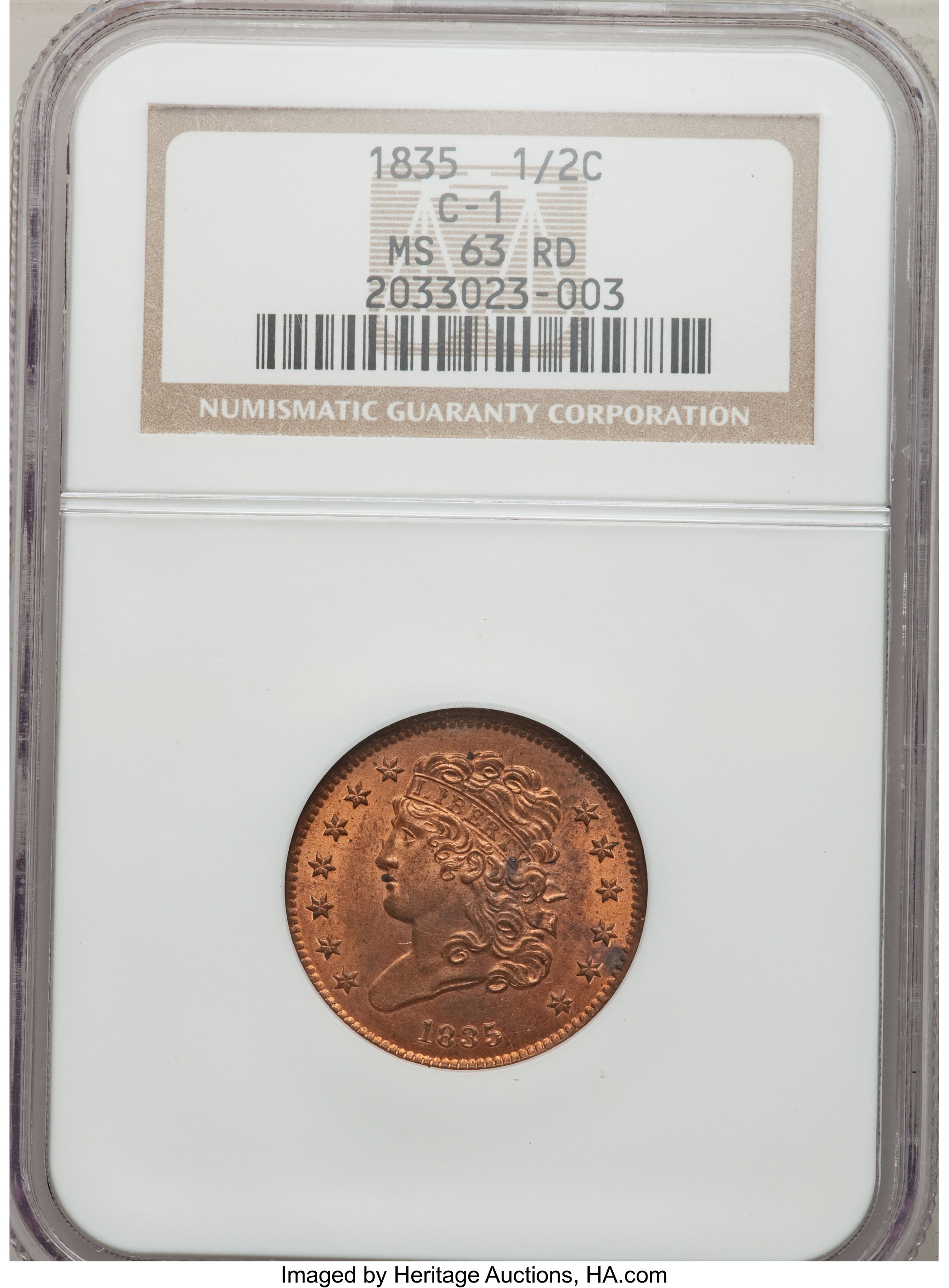1835 1/2 C MS63 Red NGC. C-1, B-1, R.1. ...