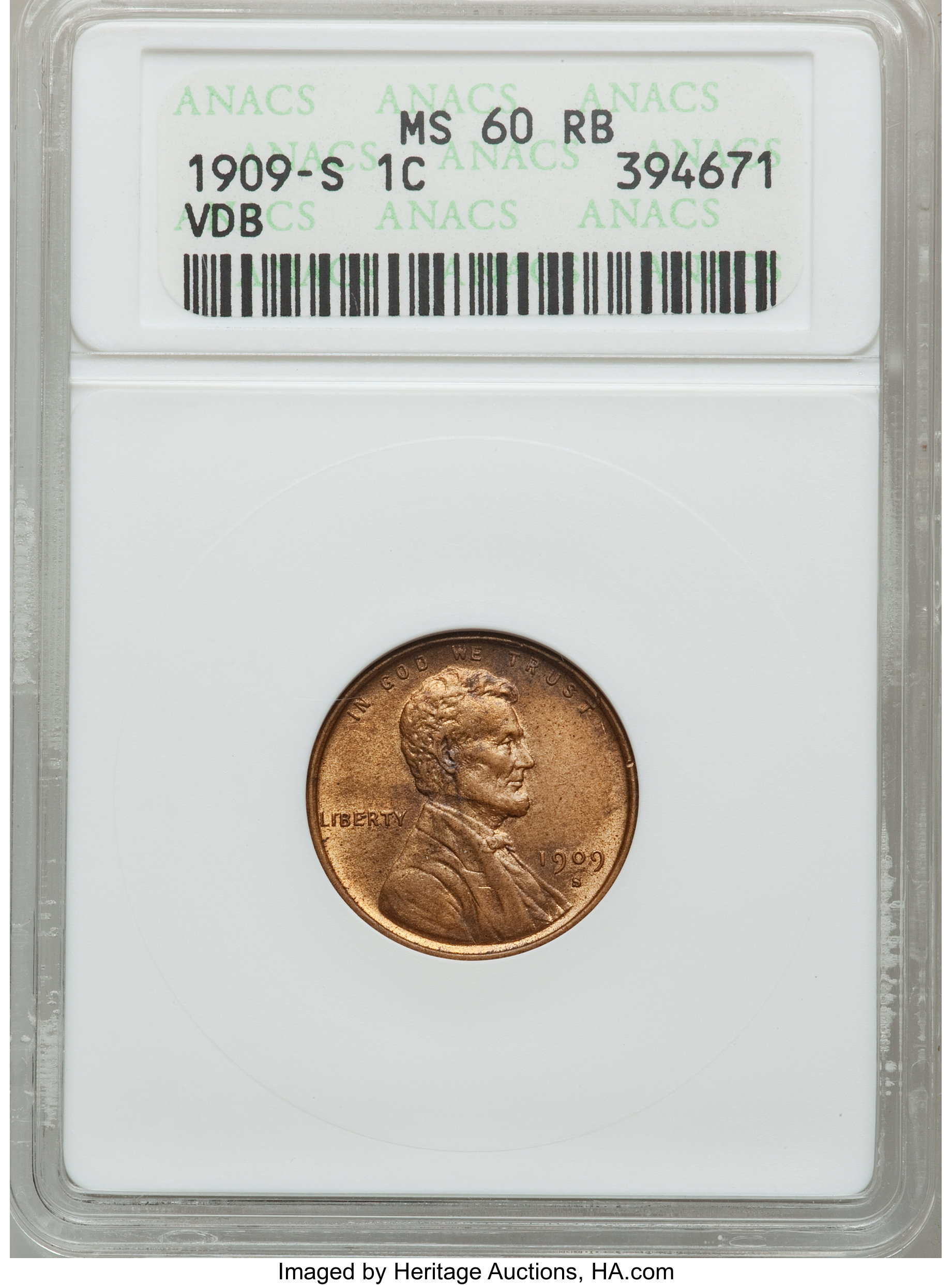 1909-S VDB 1C MS60 Red and Brown ANACS. ...