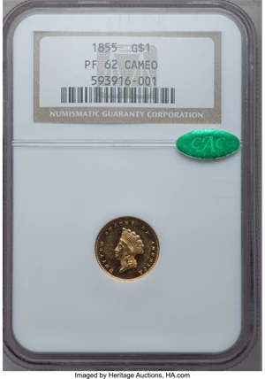 image for: 1855 G$1 PR62 Cameo NGC. CAC....