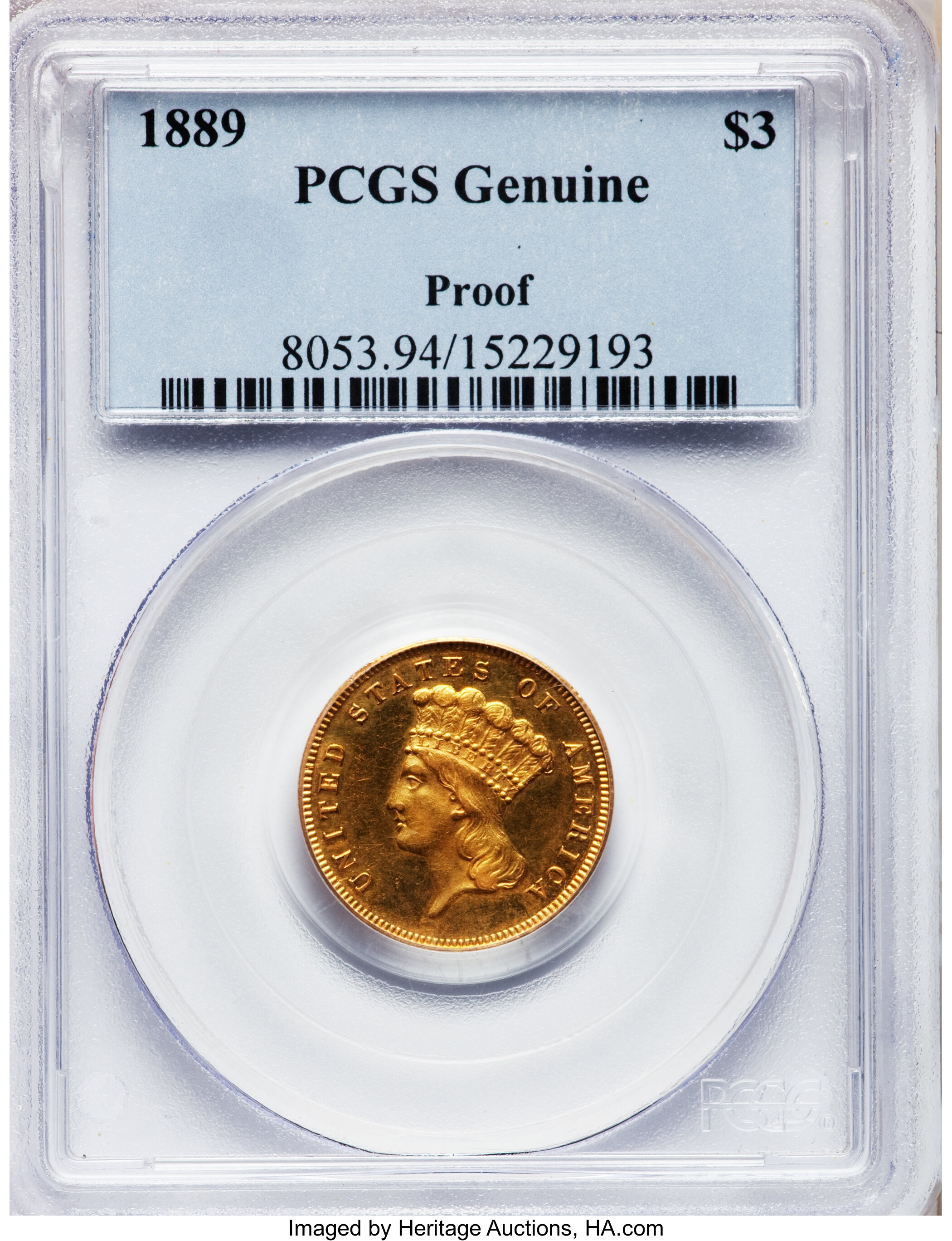 image for: 1889 $3 Genuine Proof PCGS....