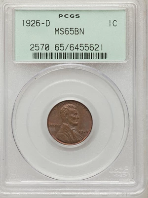image for: 1926-D 1C MS65 Brown PCGS. PCGS Population (4/0). NGC Census: (6/0). Mintage: 28,020,000. Numismedia Wsl. Price for problem...