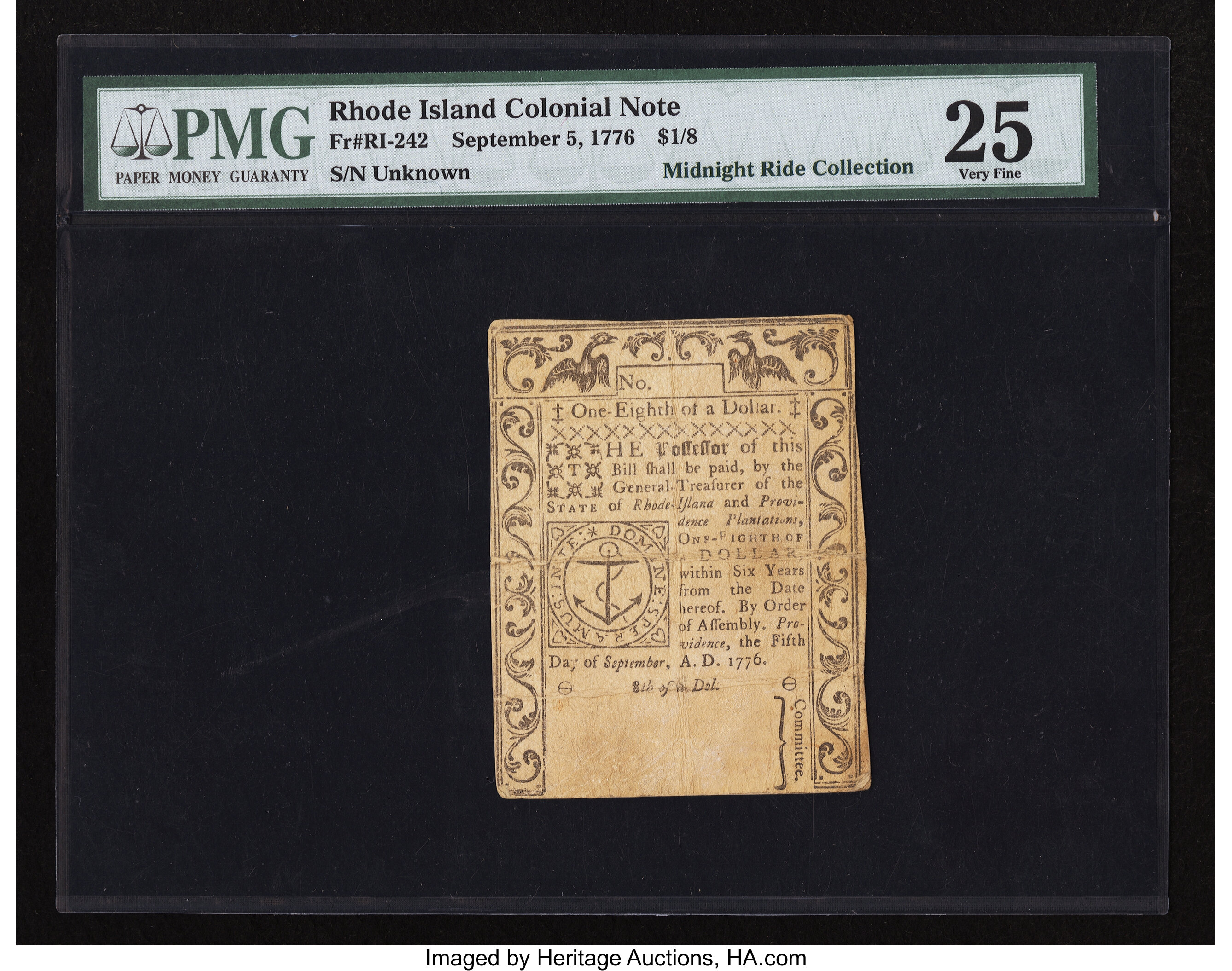image for: Rhode Island September 5, 1776 $1/8 PMG Very Fine 25....