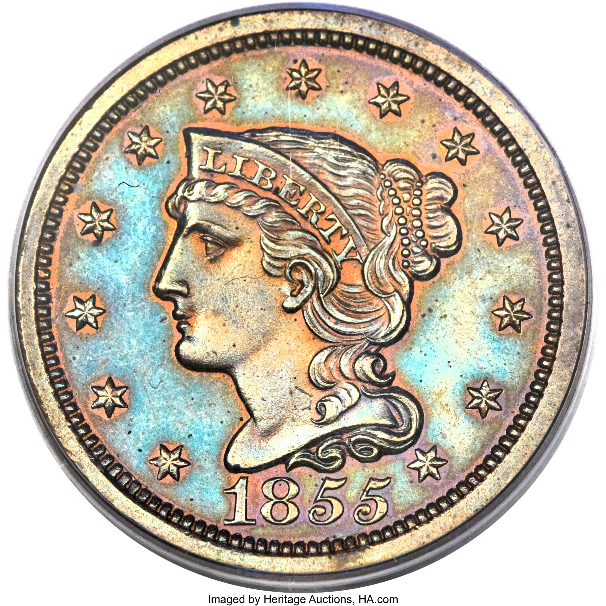 image for: 1855 1C Slanted 55 PR64+ Brown PCGS. CAC. N-10, R.5 as proof....