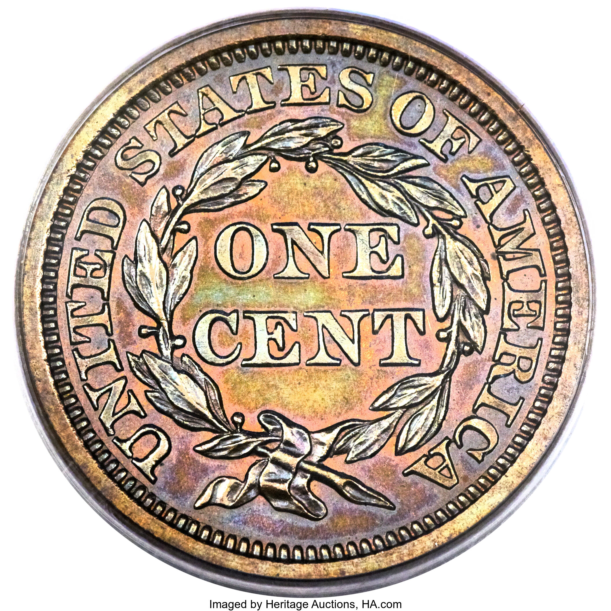 image for: 1855 1C Slanted 55 PR64+ Brown PCGS. CAC. N-10, R.5 as proof....