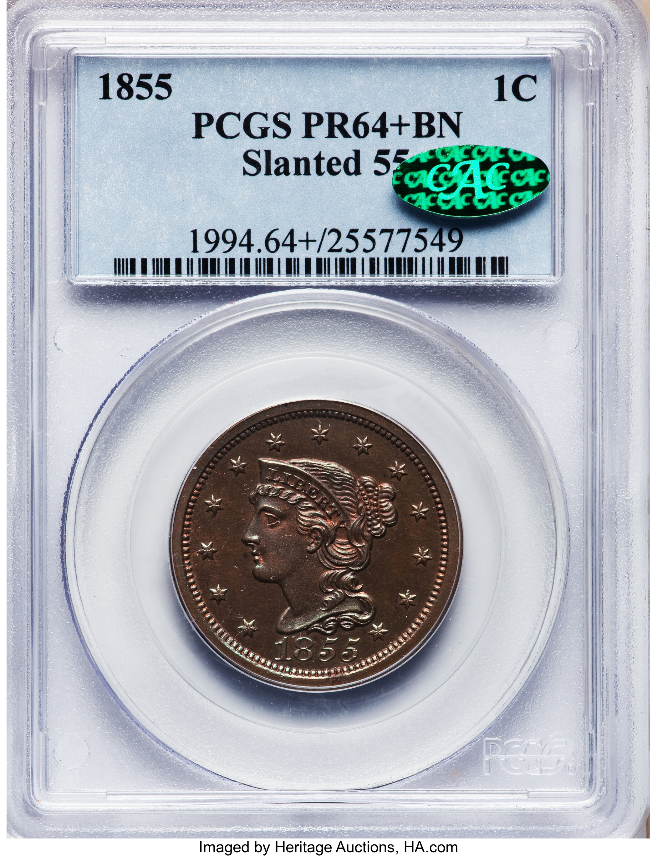 image for: 1855 1C Slanted 55 PR64+ Brown PCGS. CAC. N-10, R.5 as proof....