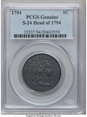 image for: 1794 1C Head of 1794, S-24, B-8, R.1 PCGS Genuine. The PCGS number ending in .94 suggests Altered Surfaces as the reason, ...