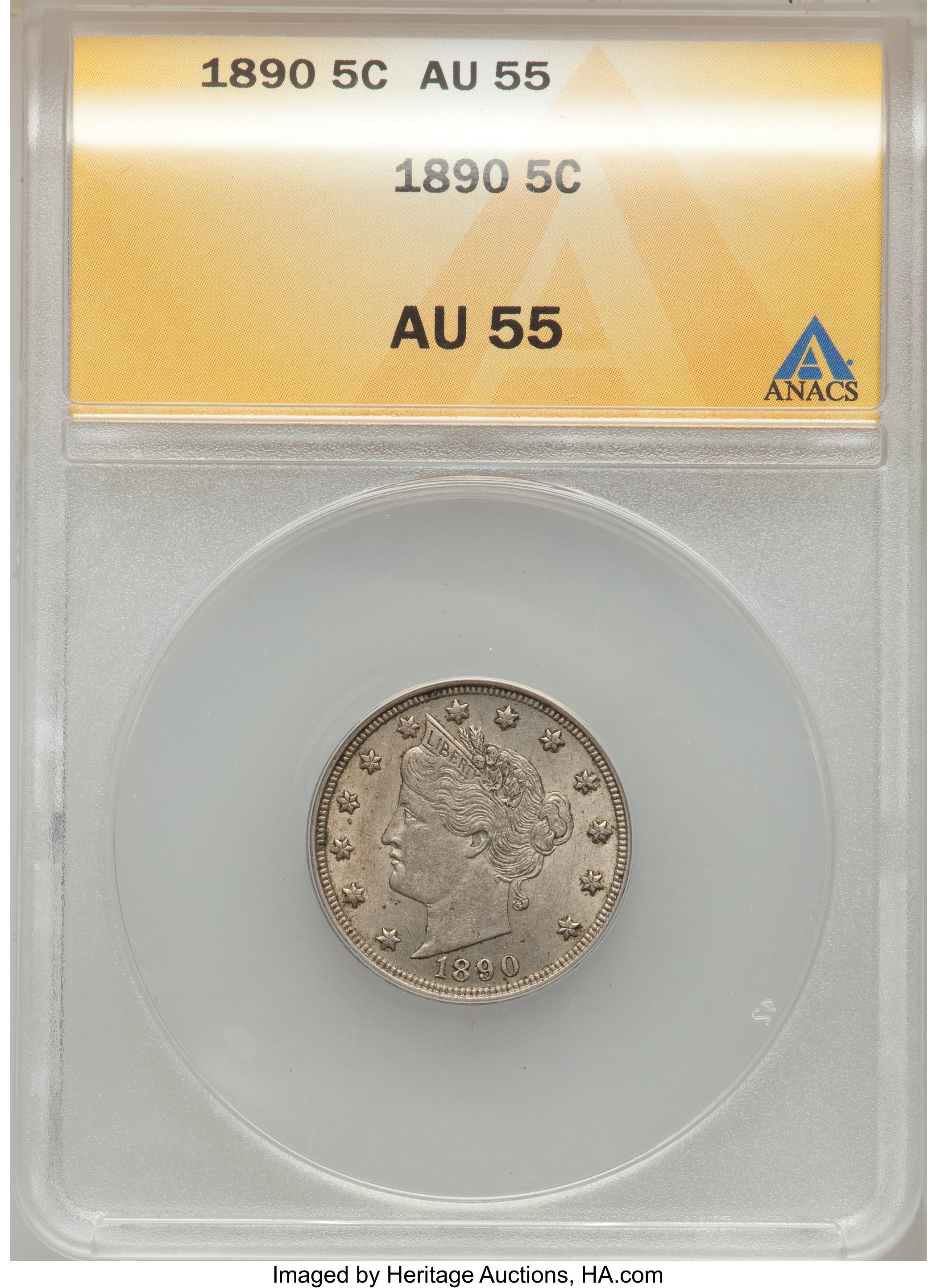 1890 5C AU55 ANACS. NGC Census: (4/270). PCGS Population (7/366). Mintage: 16,259,272. Numismedia Wsl. Price for problem fr...