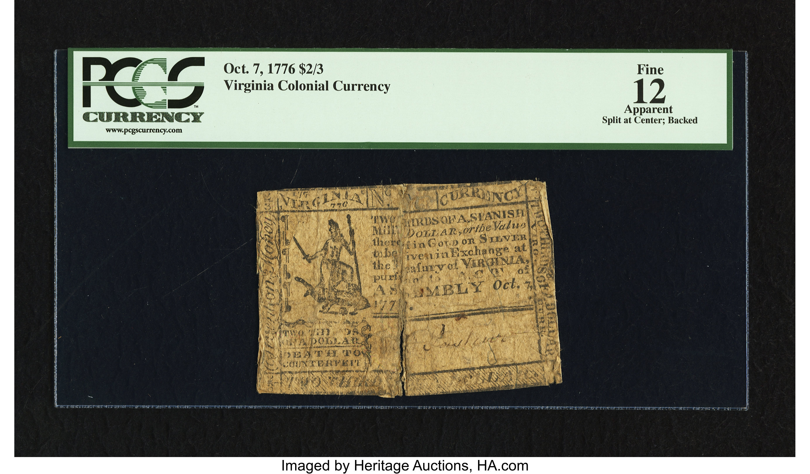 image for: Virginia October 7, 1776 $2/3 PCGS Apparent Fine 12....