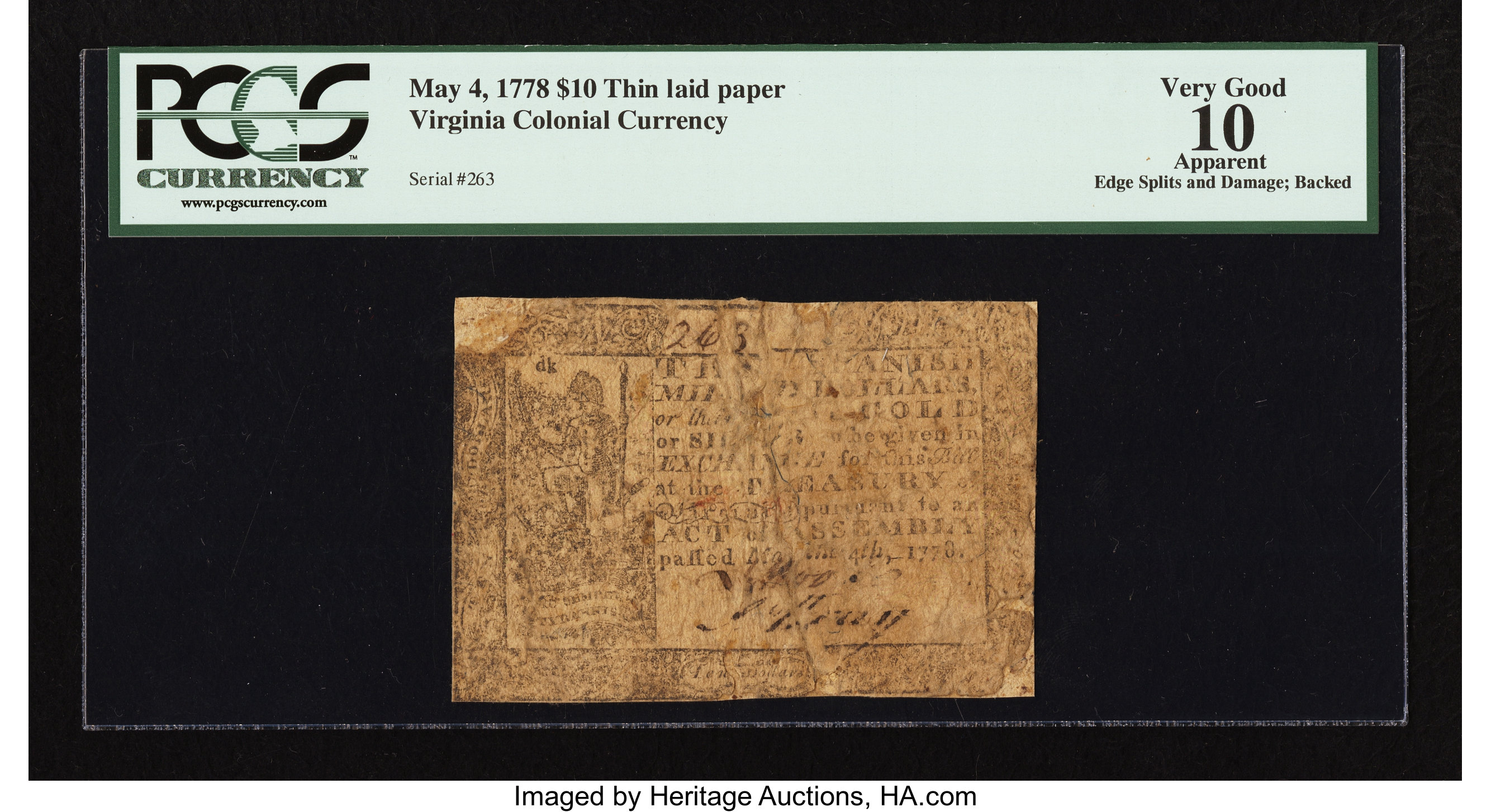 image for: Virginia May 4, 1778 (Dates Printed) $10 PCGS Apparent Very Good 10....