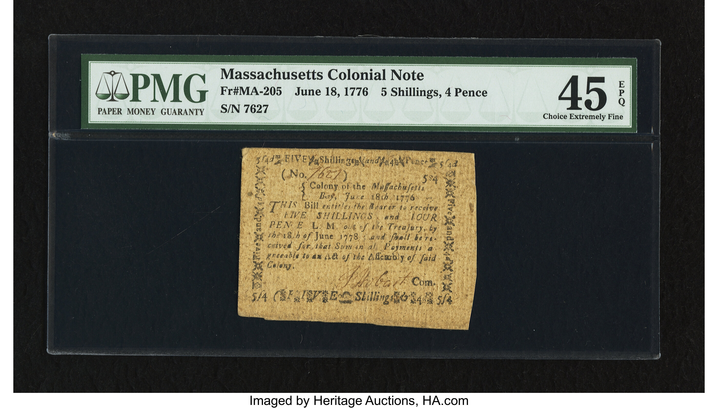 image for: Massachusetts June 18, 1776 5s 4d PMG Choice Extremely Fine 45 EPQ....