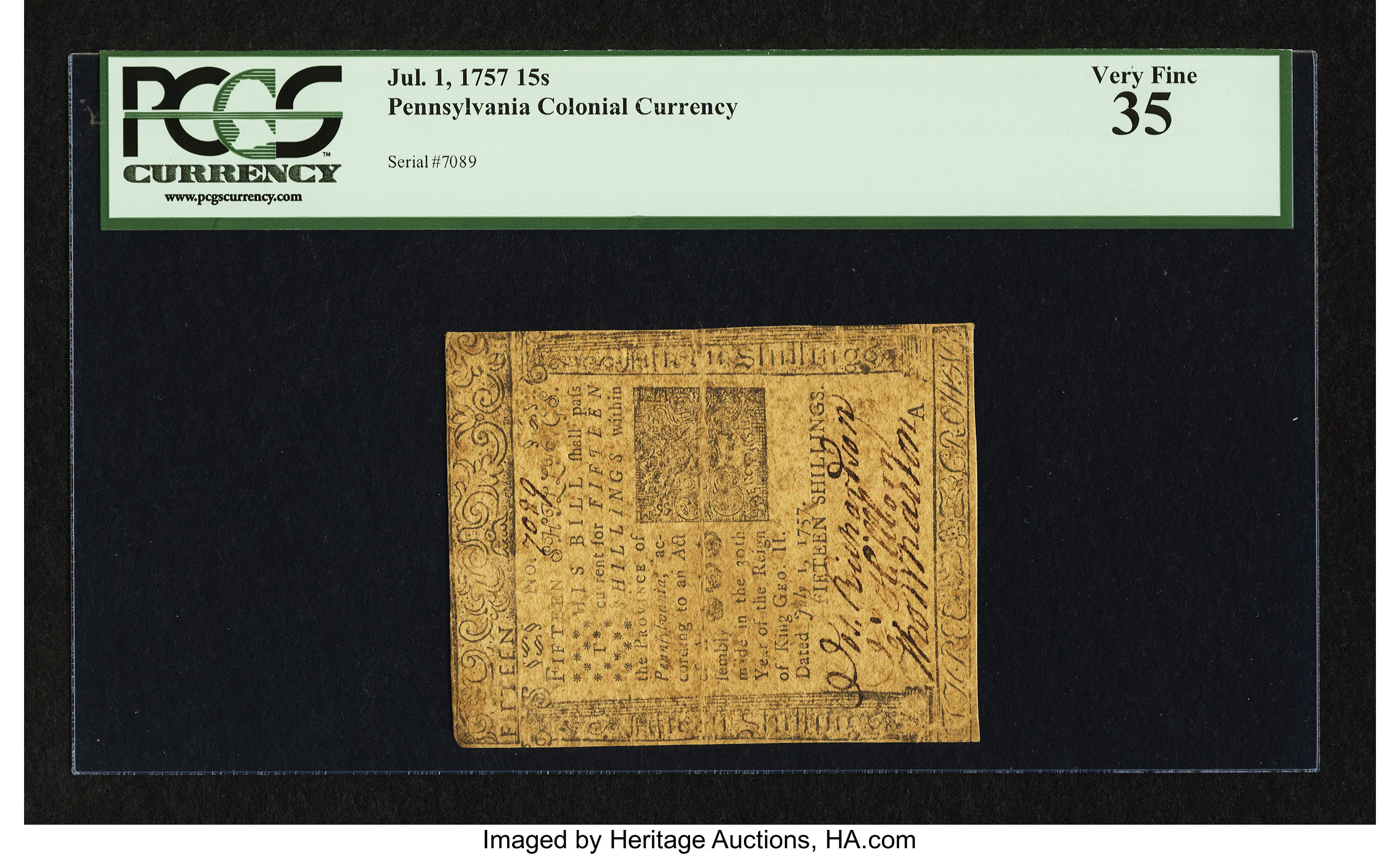image for: Pennsylvania July 1, 1757 15s PCGS Very Fine 35....