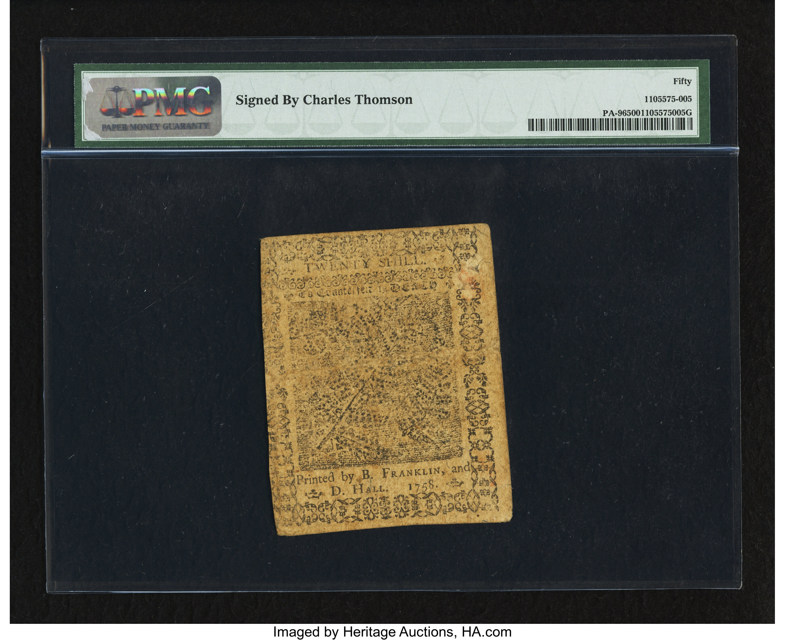 image for: Pennsylvania May 20, 1758 20s PMG About Uncirculated 50....