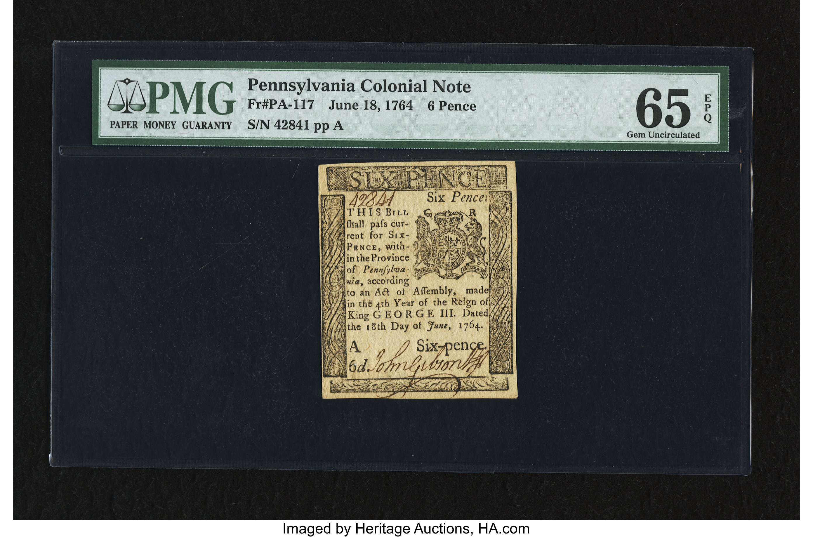 image for: Pennsylvania June 18, 1764 6d PMG Gem Uncirculated 65 EPQ....
