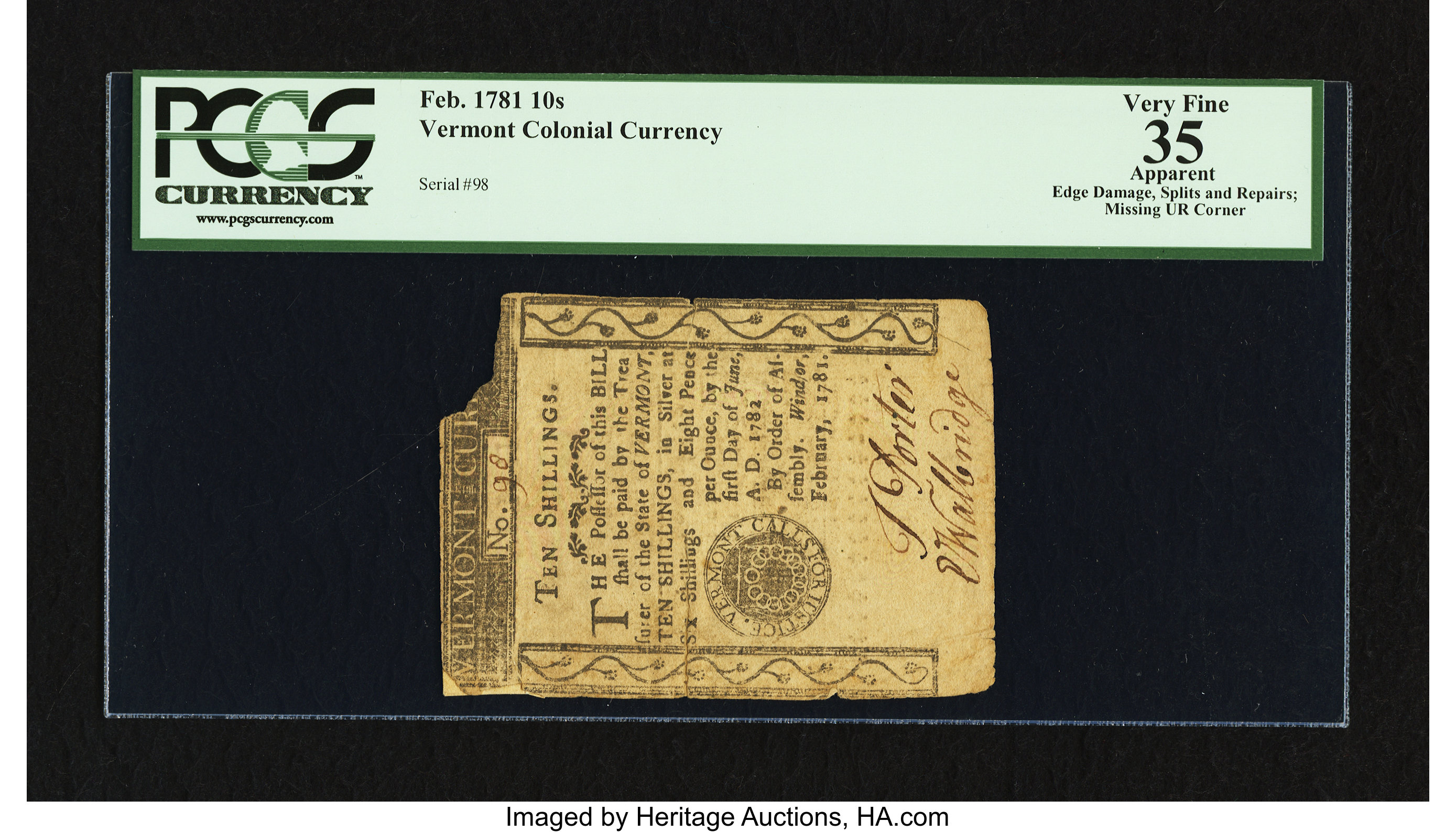 image for: Vermont February 1781 10s PCGS Apparent Very Fine 35....