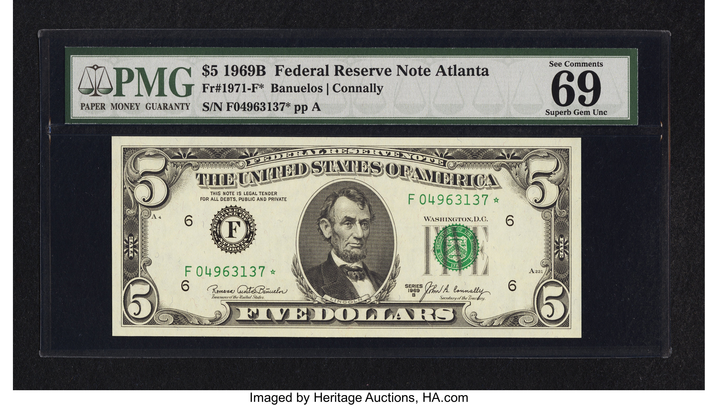 image for: Fr. 1971-F* $5 1969B Federal Reserve Note. PMG Gem Uncirculated 69 EPQ....