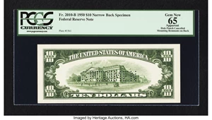 image for: Fr. 2010-B $10 1950 Federal Reserve Note. Back Specimen. PCGS Apparent Gem New 65....