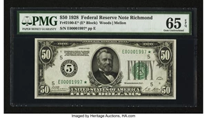image for: Fr. 2100-E* $50 1928 Federal Reserve Note. PMG Gem Uncirculated 65 EPQ....
